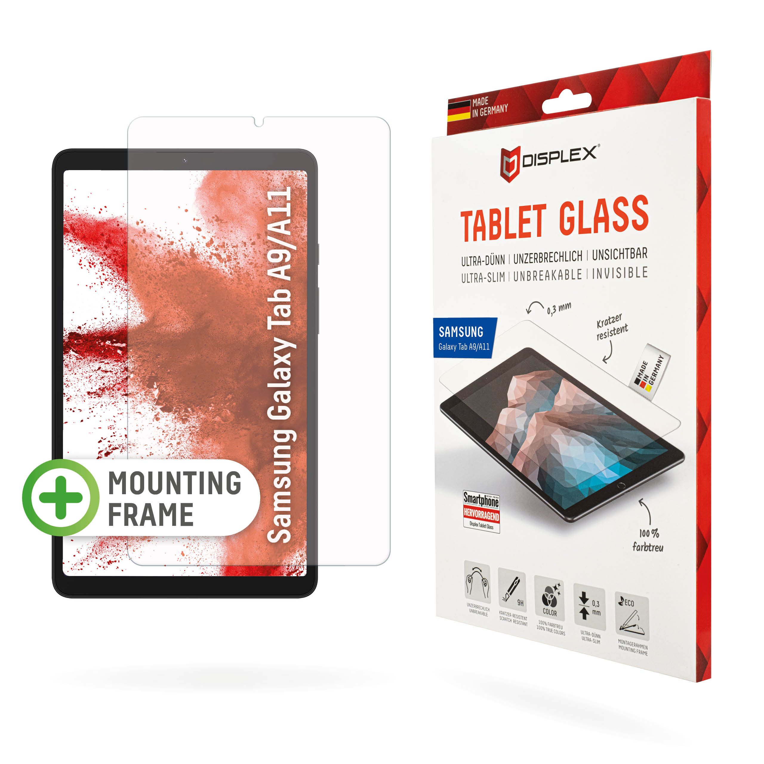 Displex Tablet Glass (9H) for Samsung Galaxy Tab A11/A9, Eco Mounting Frame, unbreakable