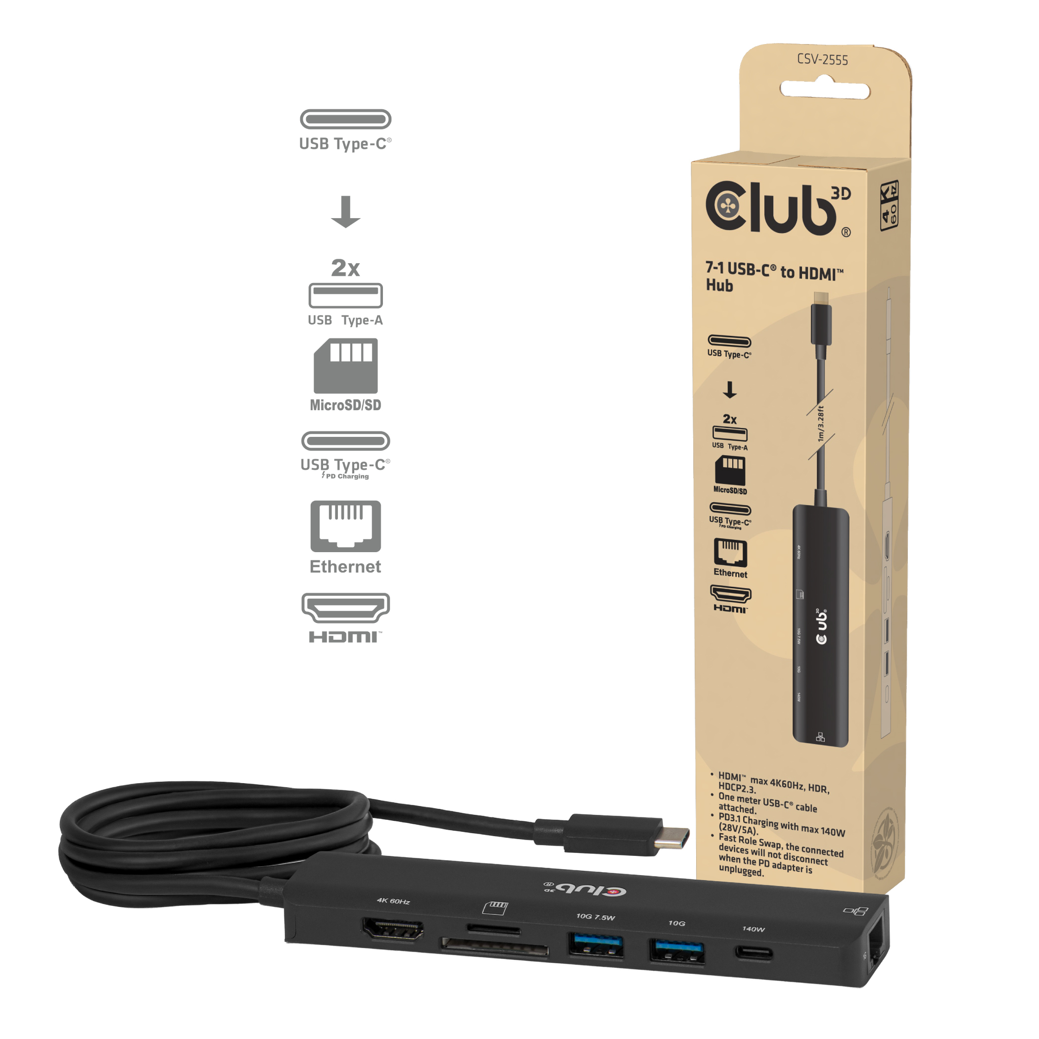 Club3D USB-C 7in1-HUB >HDMI/2xUSB/USB-C/LAN   4K60Hz  PD140W retail