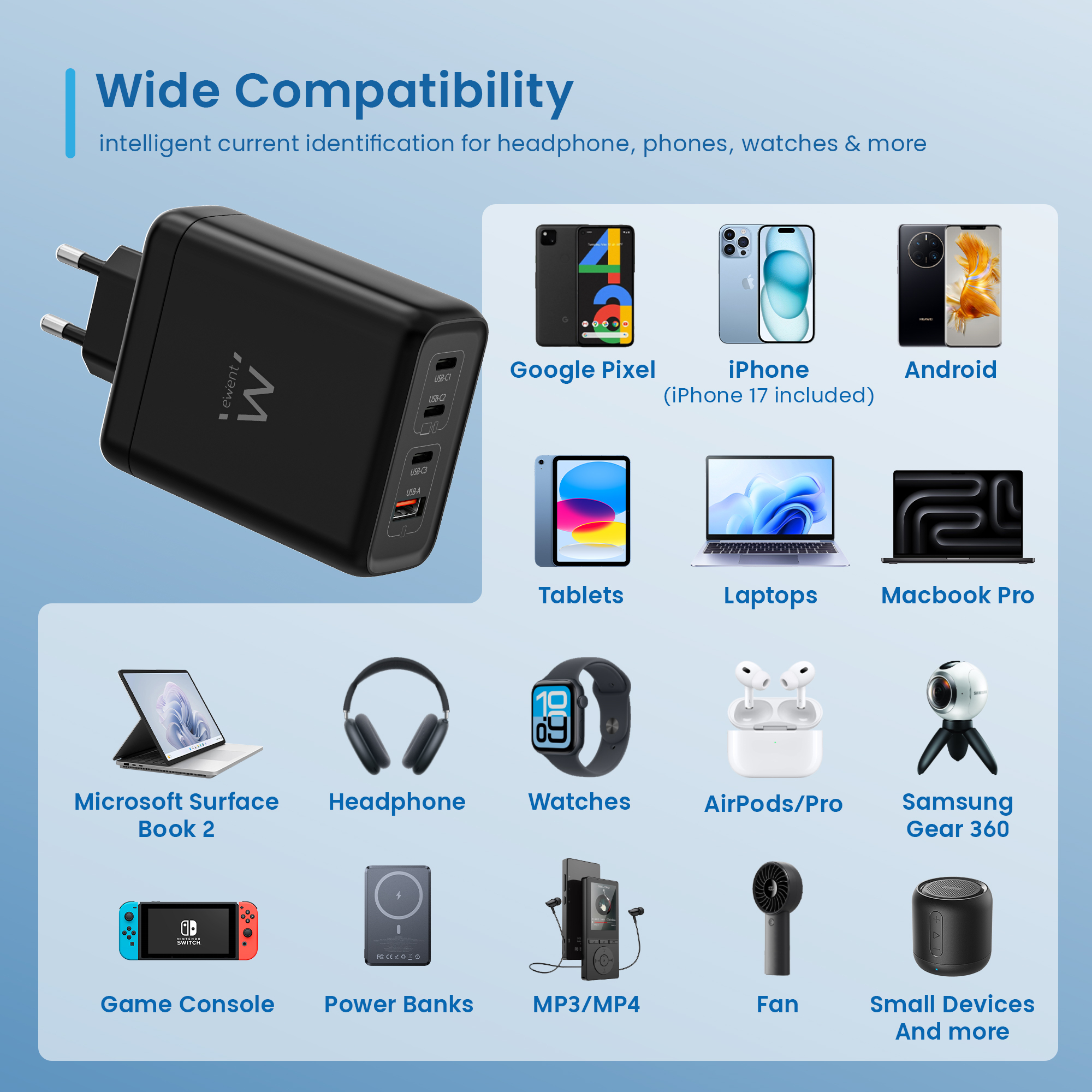 Ewent 140W GaN Fast 4-port (3 USB-C PD and 1 USB-A QC) charger Compact Design with 2m USB-C Cable – image 7
