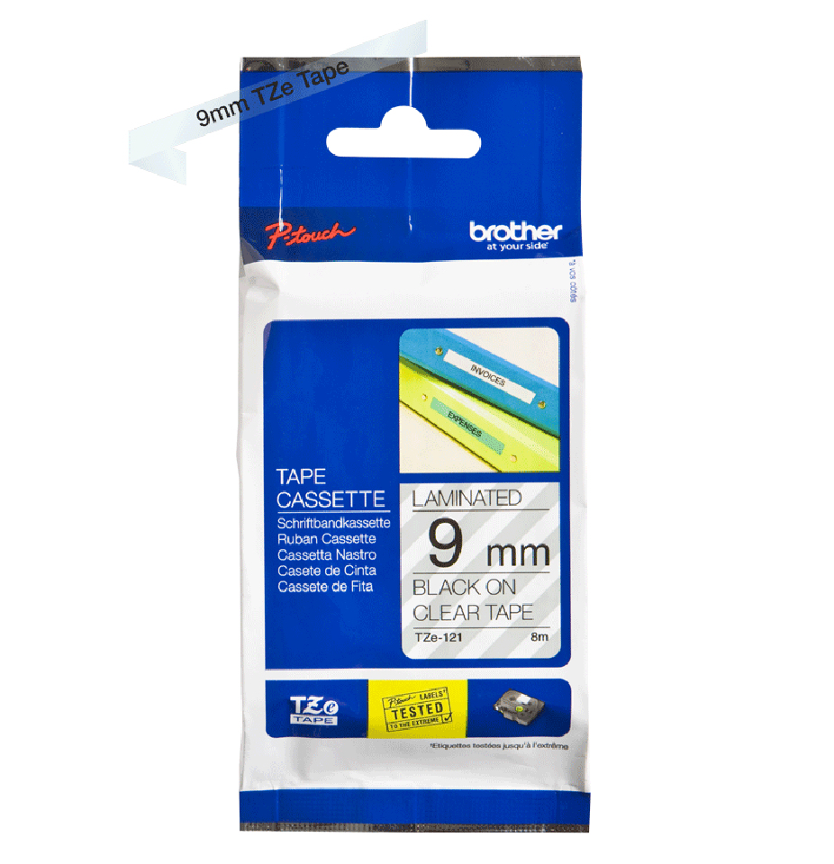 Cinta Brother TZE121 - Texto Negro sobre Fondo Transparente -  9mm x 8mts. - TZE121