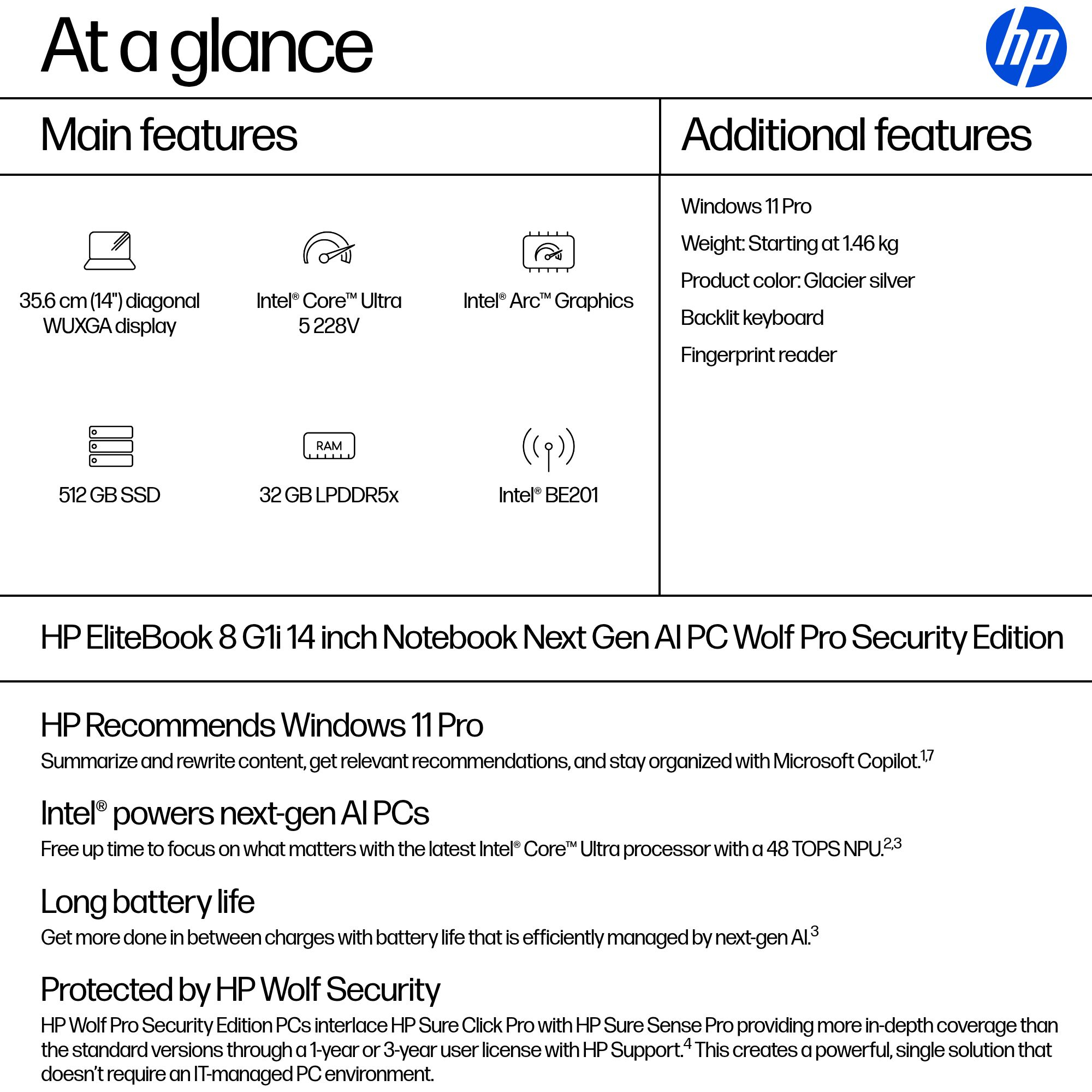 HP EliteBook 8 G1i 14 inch Notebook Next Gen AI PC Wolf Pro Security Edition Copilot+ PC Intel Core Ultra 5 228V Laptop 35.6 cm (14″) WUXGA 32 GB LPDDR5x-SDRAM 512 GB SSD Wi-Fi 7 (802.11be) Windows 11 Pro Silver image 3
