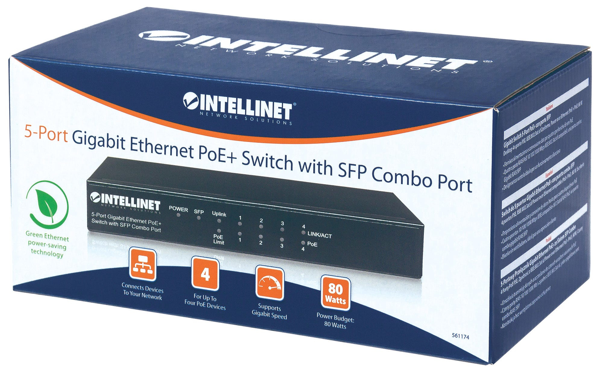 Intellinet 5-Port Gigabit Ethernet PoE+ Switch with SFP Combo Port, 4 x PSE Ports, IEEE 802.3at/af Power over Ethernet (PoE+/PoE) Compliant – image 8