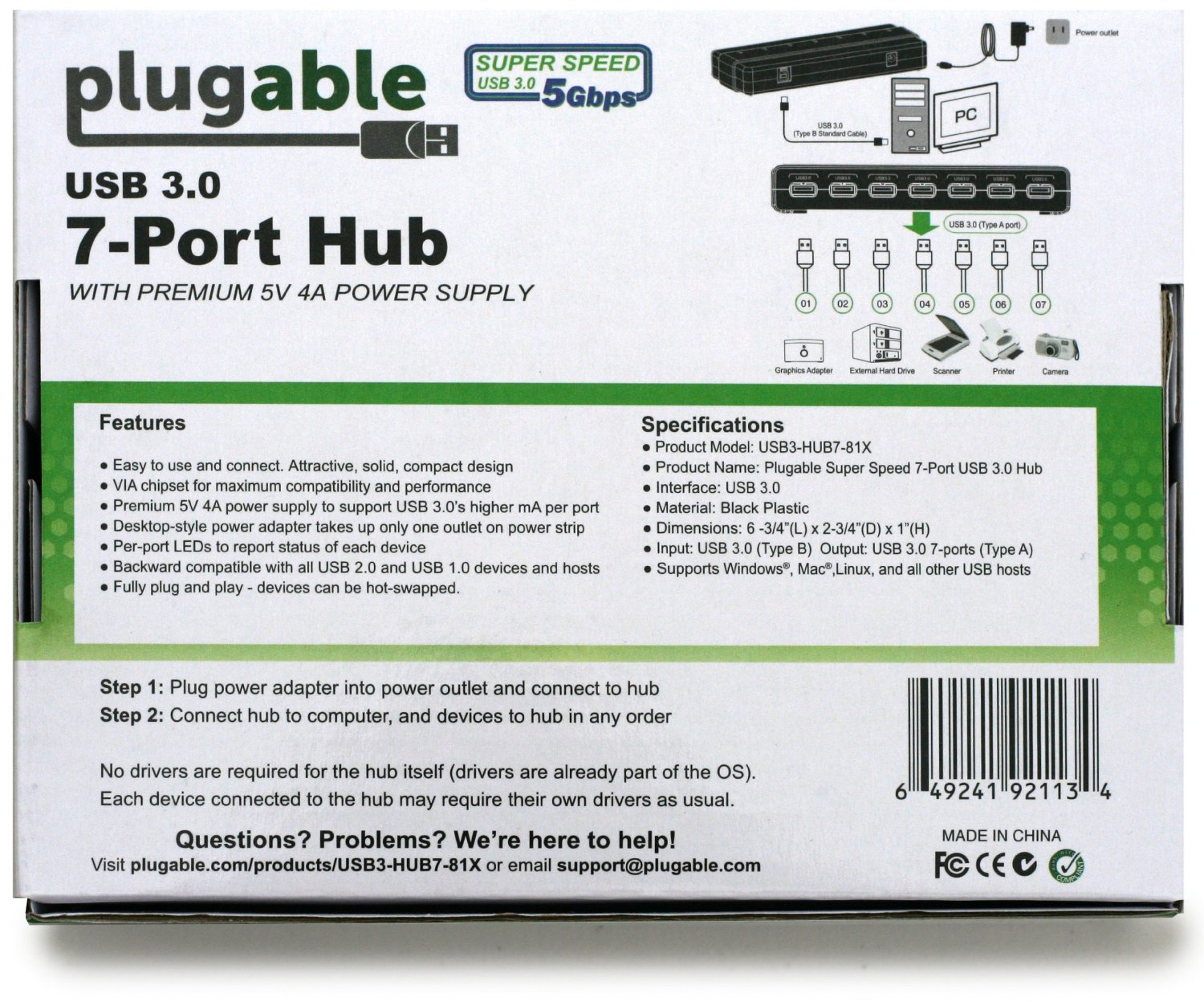Plugable Technologies USB3-HUB7-81X interface hub 5000 Mbit/s Black – image 5
