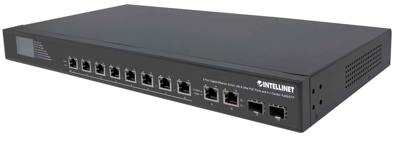 Intellinet 8-Port Gigabit Ethernet Ultra PoE Switch with 4 Uplink Ports and LCD Screen, 8 x PoE ports, IEEE 802.3bt Power over Ethernet (Ultra PoE), 2 x RJ45 Up