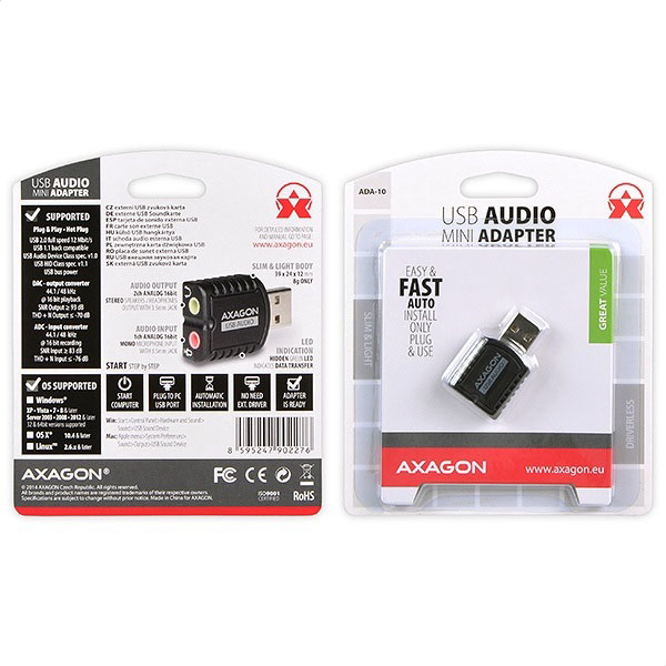 صورة بطاقة صوت USB Axagon ADA-10، 2.0 قناة، 16 بت
