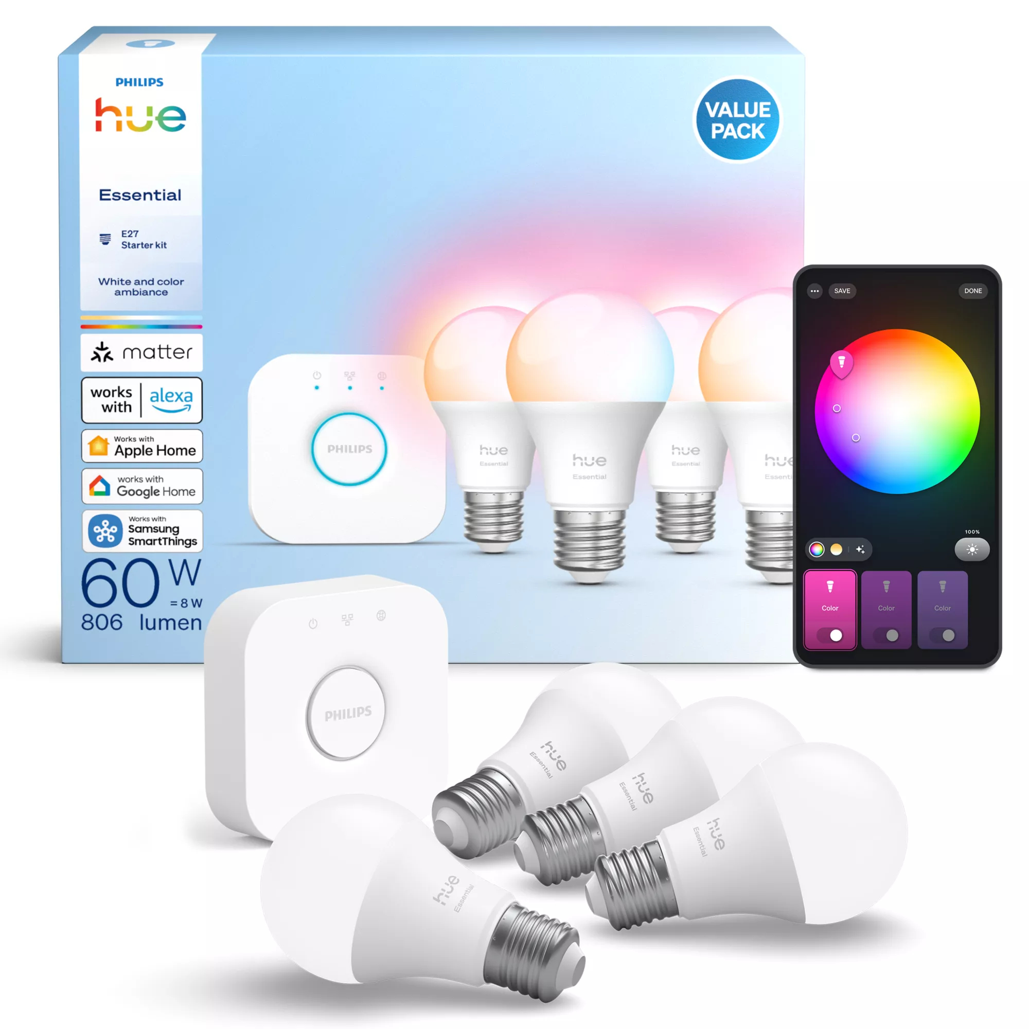 Philips by Signify Philips Hue White and colour ambience Essential starter kit: 4 E27 smart bulbs (806 lm) – image 3