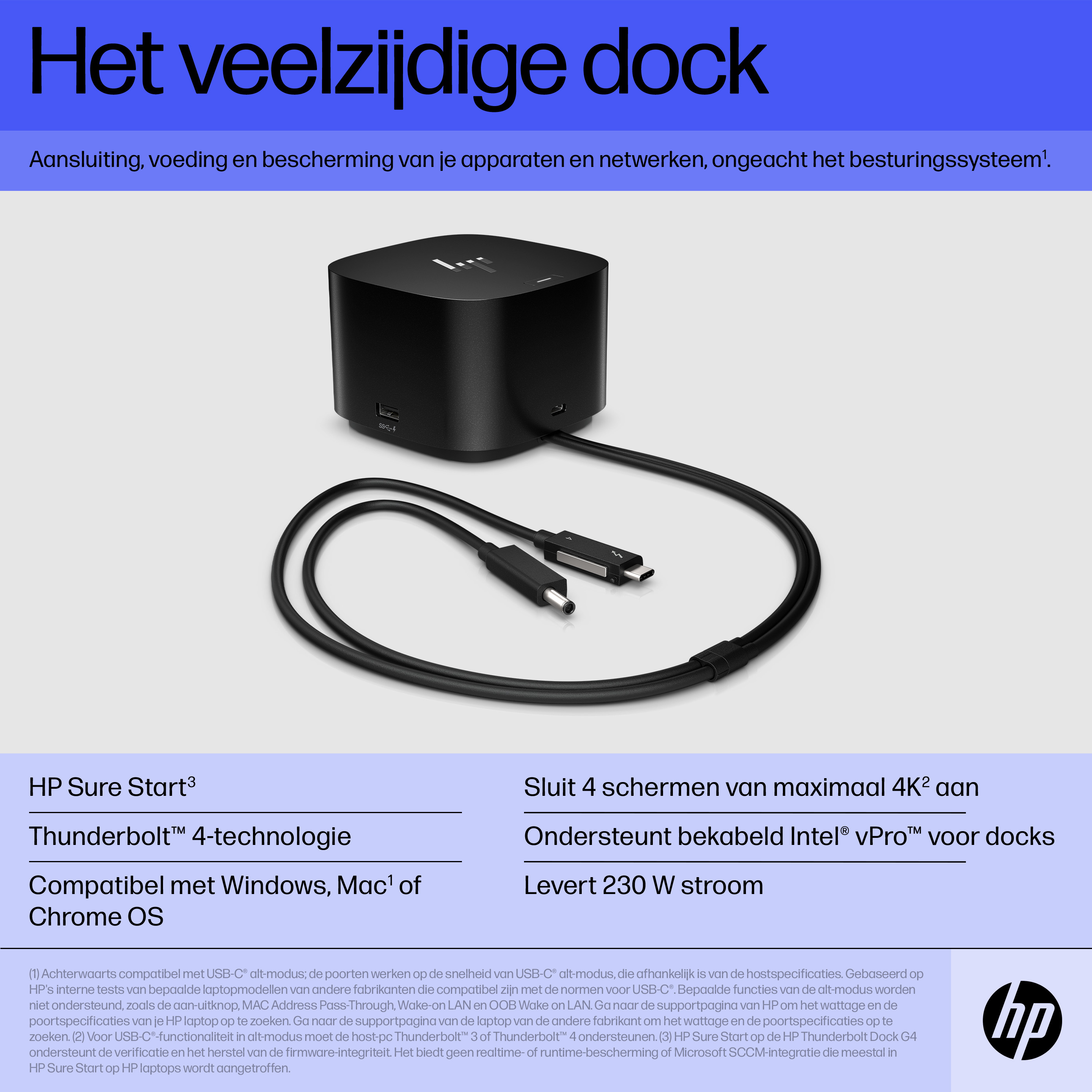 HP Thunderbolt Dock 280W G4 w/Combo Cable. Connectivity technology: Wired, Host interface: Thunderbolt 4. Product colour: 