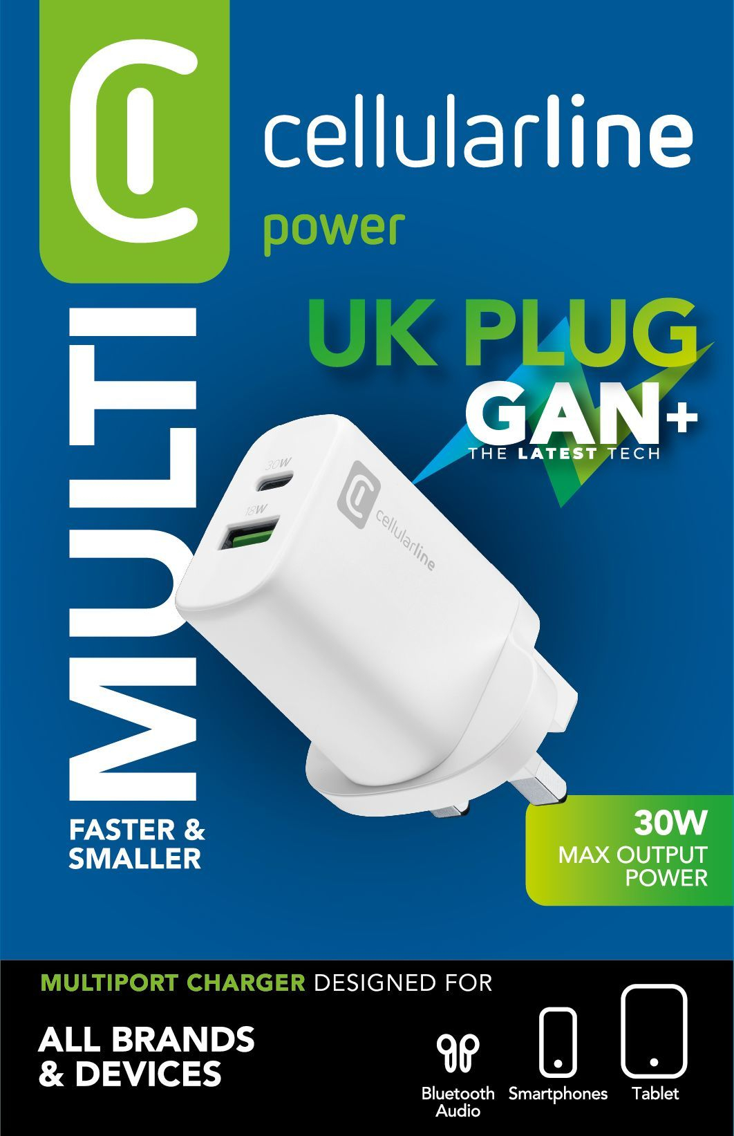 Cellularline ACHUSBGAN2PD30WUKW mobile device charger Laptop, Universal White AC Fast charging Indoor