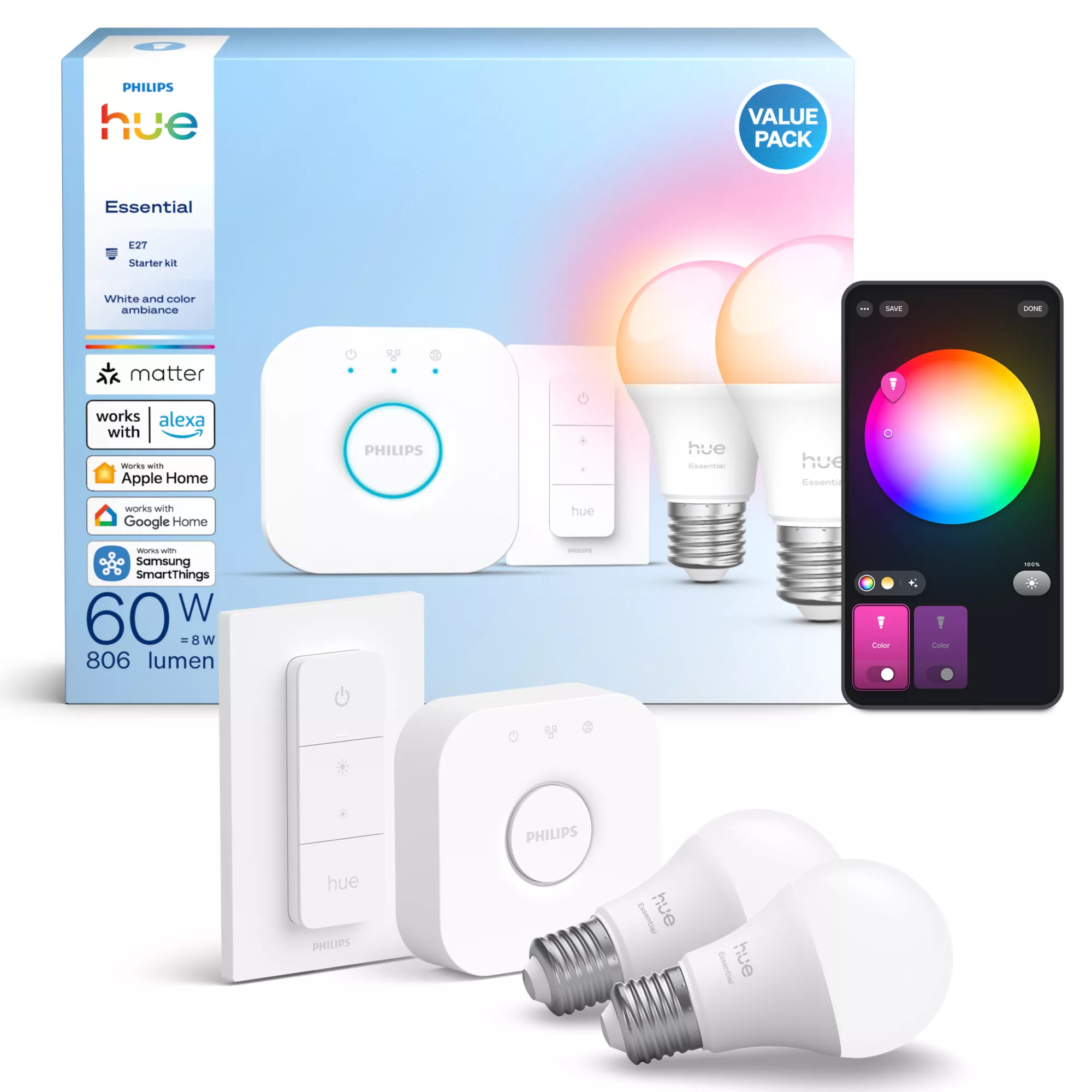 Philips by Signify Philips Hue White and colour ambience Essential starter kit: 2 E27 smart bulbs (806 lm) + dimmer switch – image 2