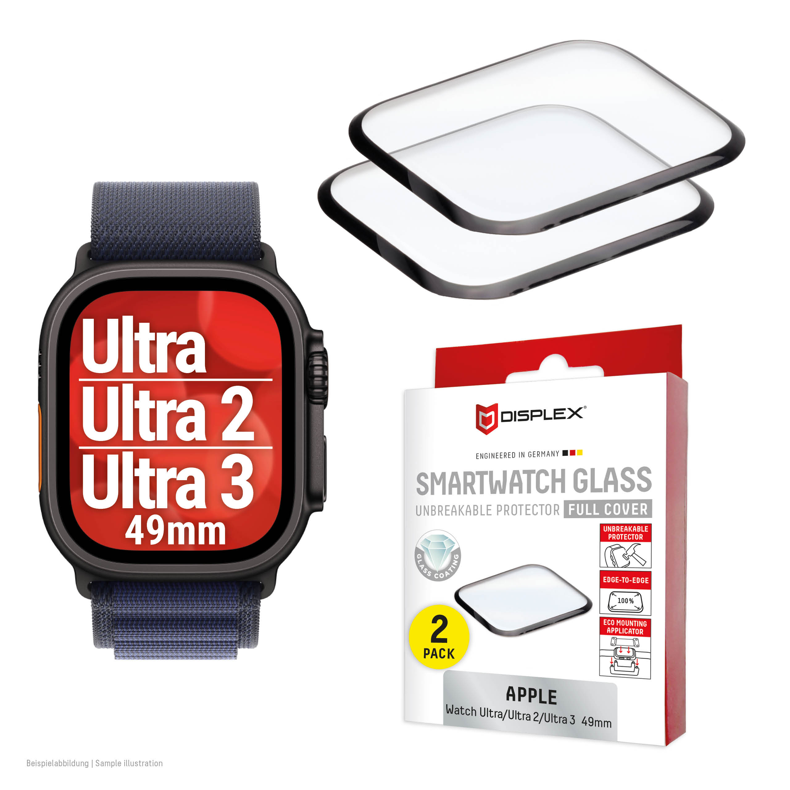 Displex Unbreakable Full Cover Smart Glass Apple Watch Ultra 3/Ultra 2/Ultra (49mm), 2-Pack, Ultra/Ultra2-Thin, Edge-to-Edge, Eco Mount