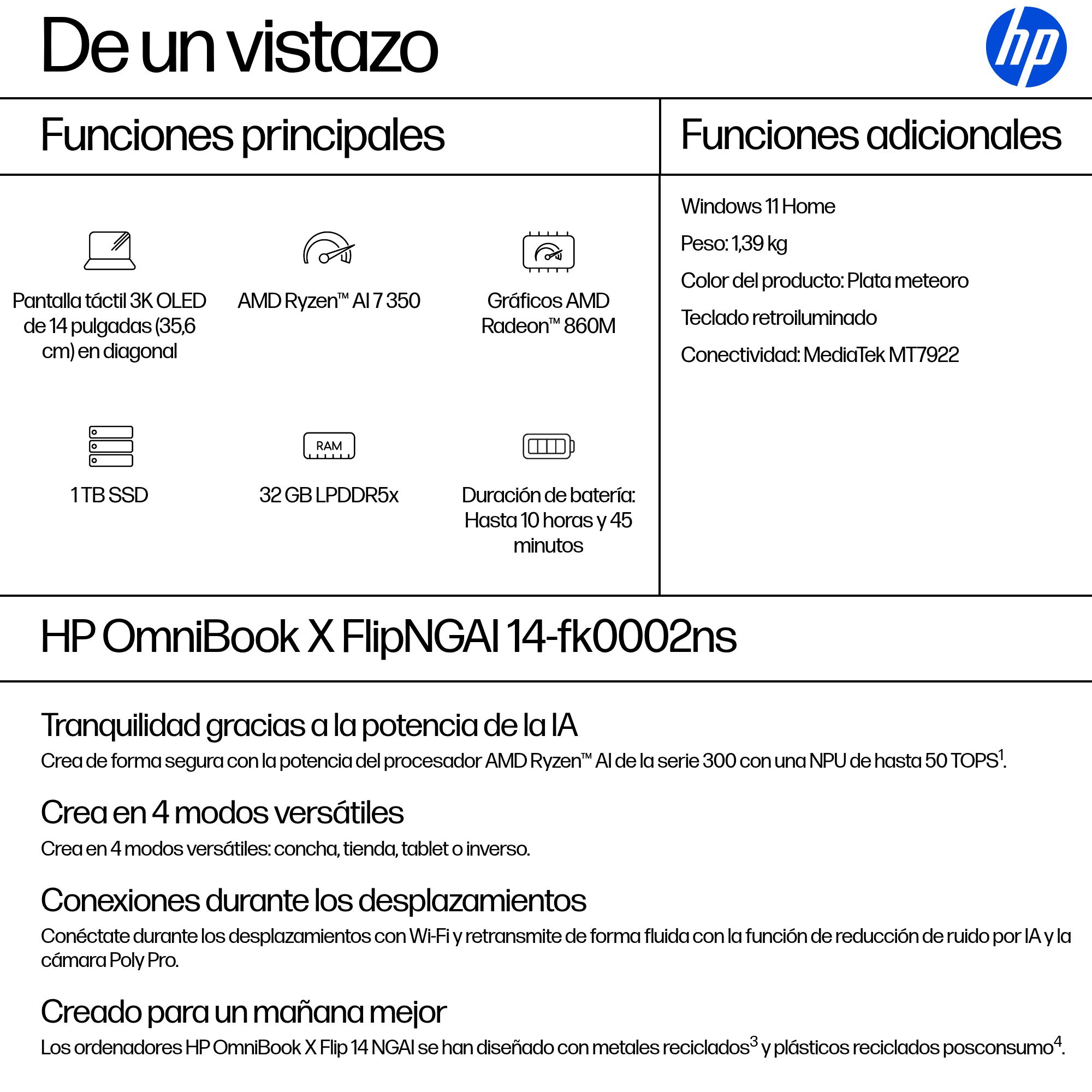 Convertible 2 en 1 - HP OmniBook X 14-fk0002ns Copilot+ PC, 50 TOPS, 14 ", 3K, AMD Ryzen™ AI 7 350, 32GB RAM, 1TB SSD, Radeon™ 860M, W11 H, Plata - imagen 5