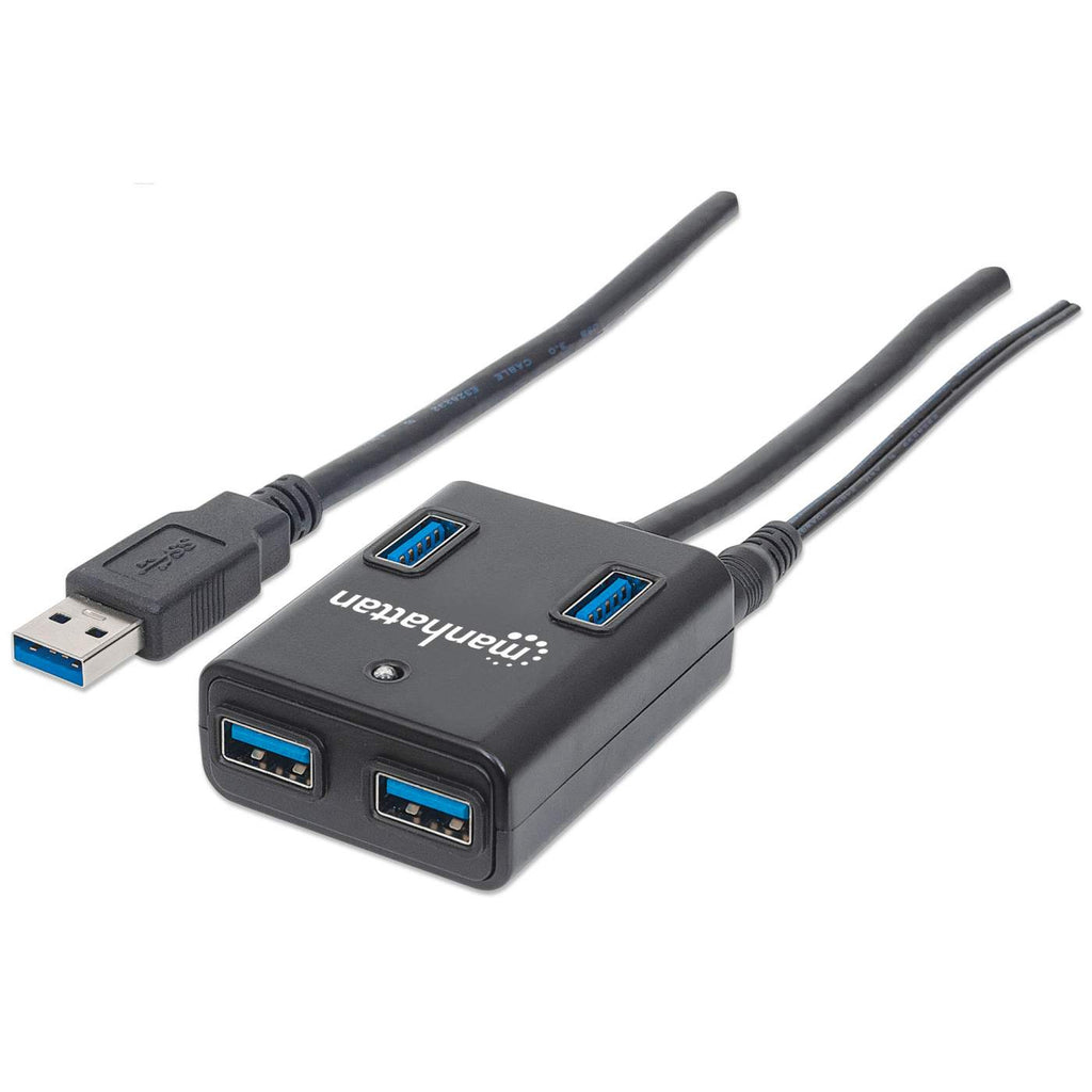 Manhattan USB-A 4-Port Hub, 4x USB-A Ports, 5 Gbps (USB 3.2 Gen1 aka USB 3.0), AC or Bus Power, Fast charge up to 0.9A per port with inc power adapter, SuperSpe