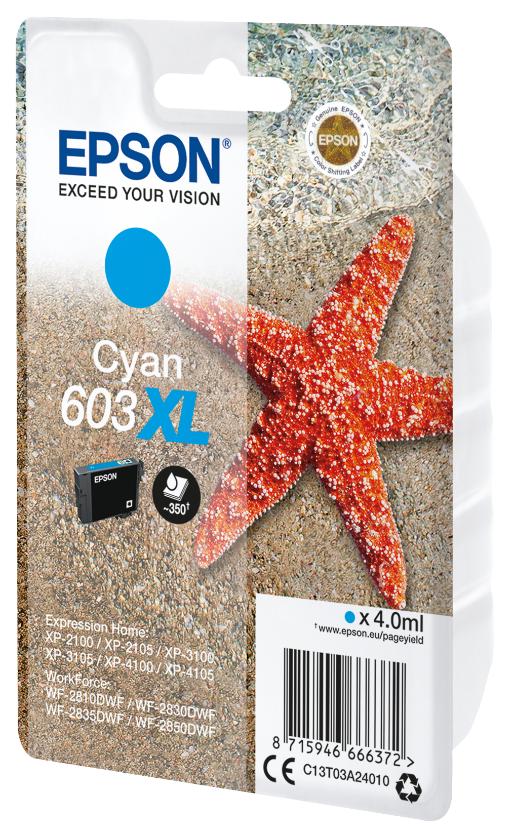Epson Ink Cartridges, 603XL, Starfish, Singlepack, 1 x 4.0 ml Cyan, XL [img: 1]