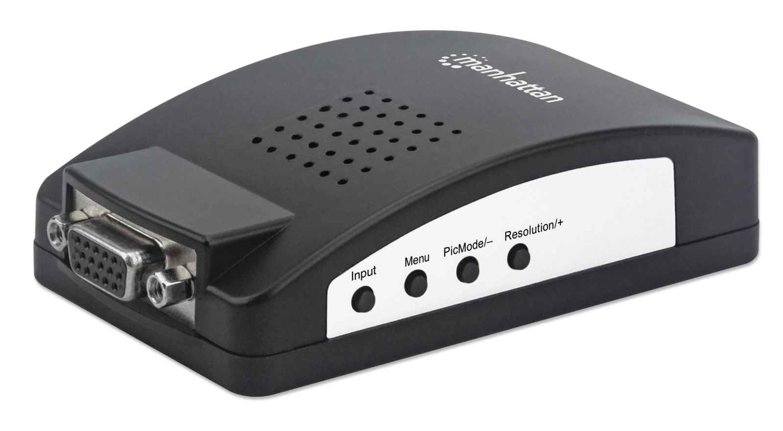 Manhattan MH PC TV Converter, HD15-female/RCA-female and S-Video-female and HD15-female, Silver, Retail Box – image 1