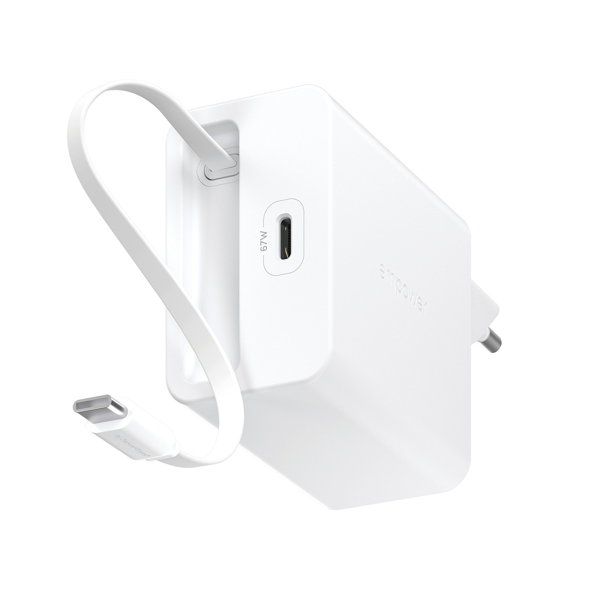 PanzerGlass empower™ by PanzerGlass® Turbo 67W Retractable Cable Guy Charger incl. USB-C Cable | EU Plug | Silver White