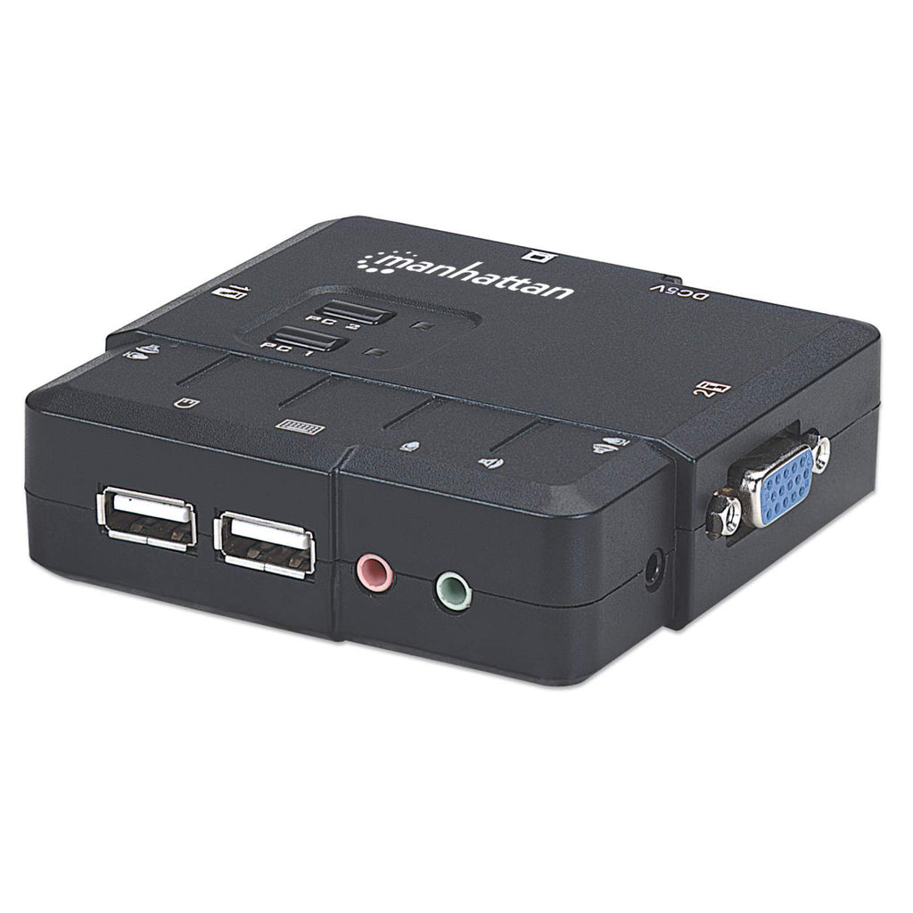 Manhattan KVM Switch Compact 2-Port, 2x USB-A, Cables included, Audio Support, Control 2x computers from one pc/mouse/screen, Black, Lifetime Warranty, Boxed – image 1