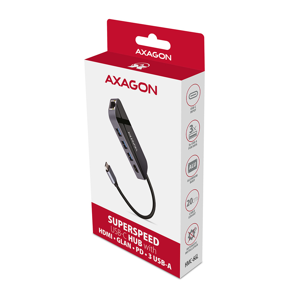 Axagon HMC-6GL USB 3.2 Gen 1 hub, 3x USB-A, HDMI 4k/30Hz, RJ-45, PD – image 3