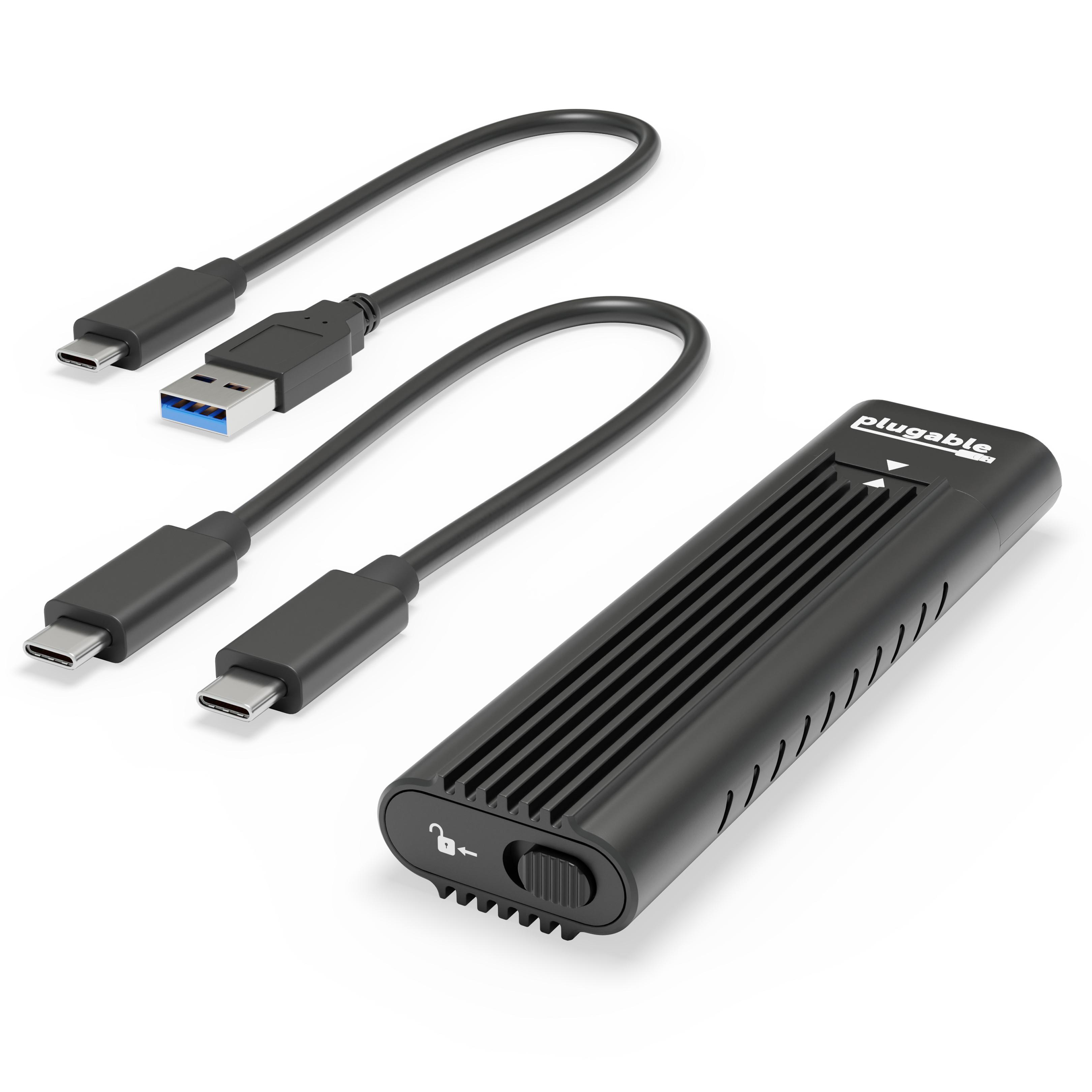 Plugable Technologies USB-C M.2 NVMe SSD Enclosure; Tool-Free & Driverless. USB 3 Type-C, including Thunderbolt and USB4, at 10Gbps. For M.2 NVMe SSDs 2230 to 2280 PCIe Gen 3 and 4. USB C and USB A cables included