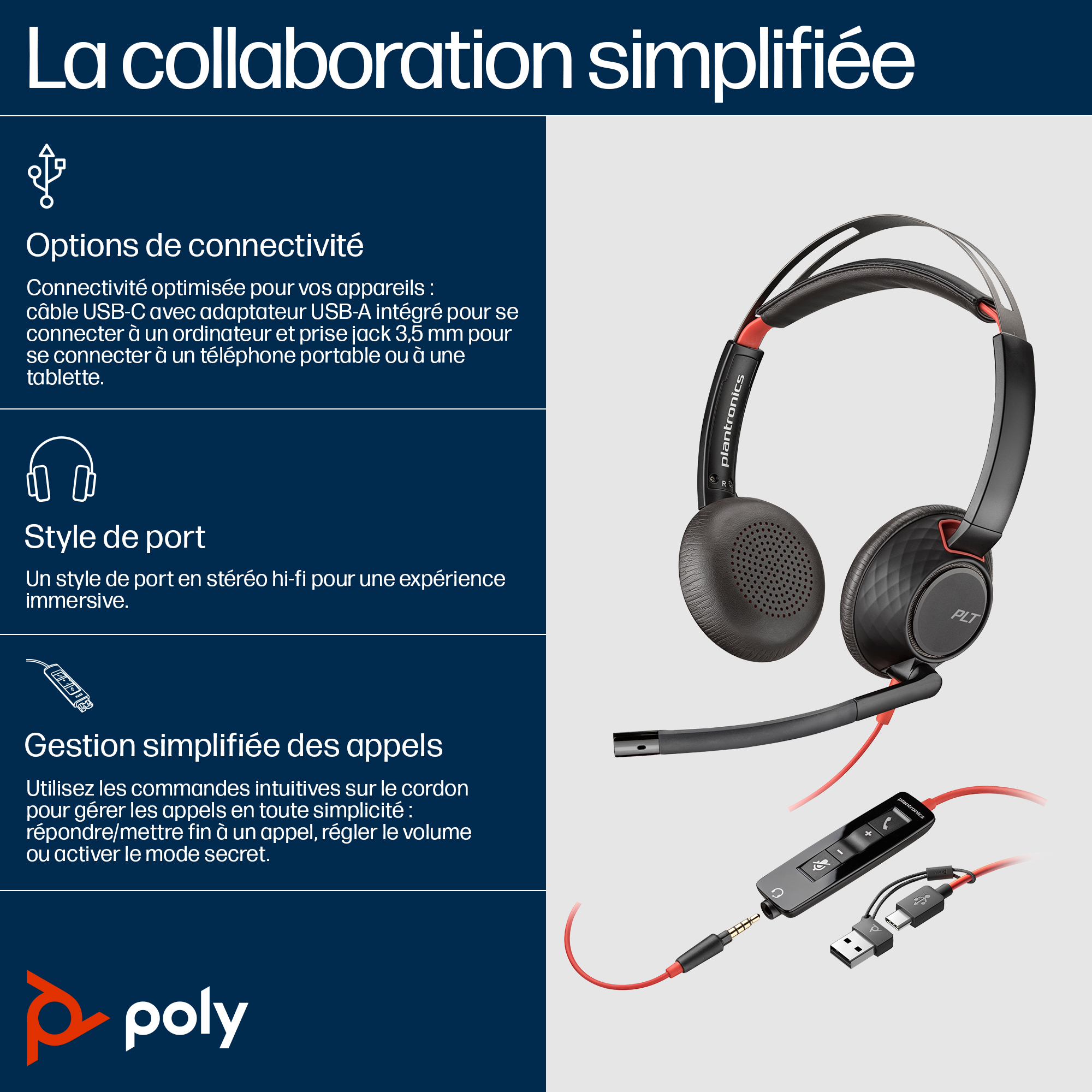 HP Poly Blackwire 5220 Stereo USB-C Headset +3.5mm Plug +USB-C/A Adapter. Product type: Headset. Connectivity technology: 