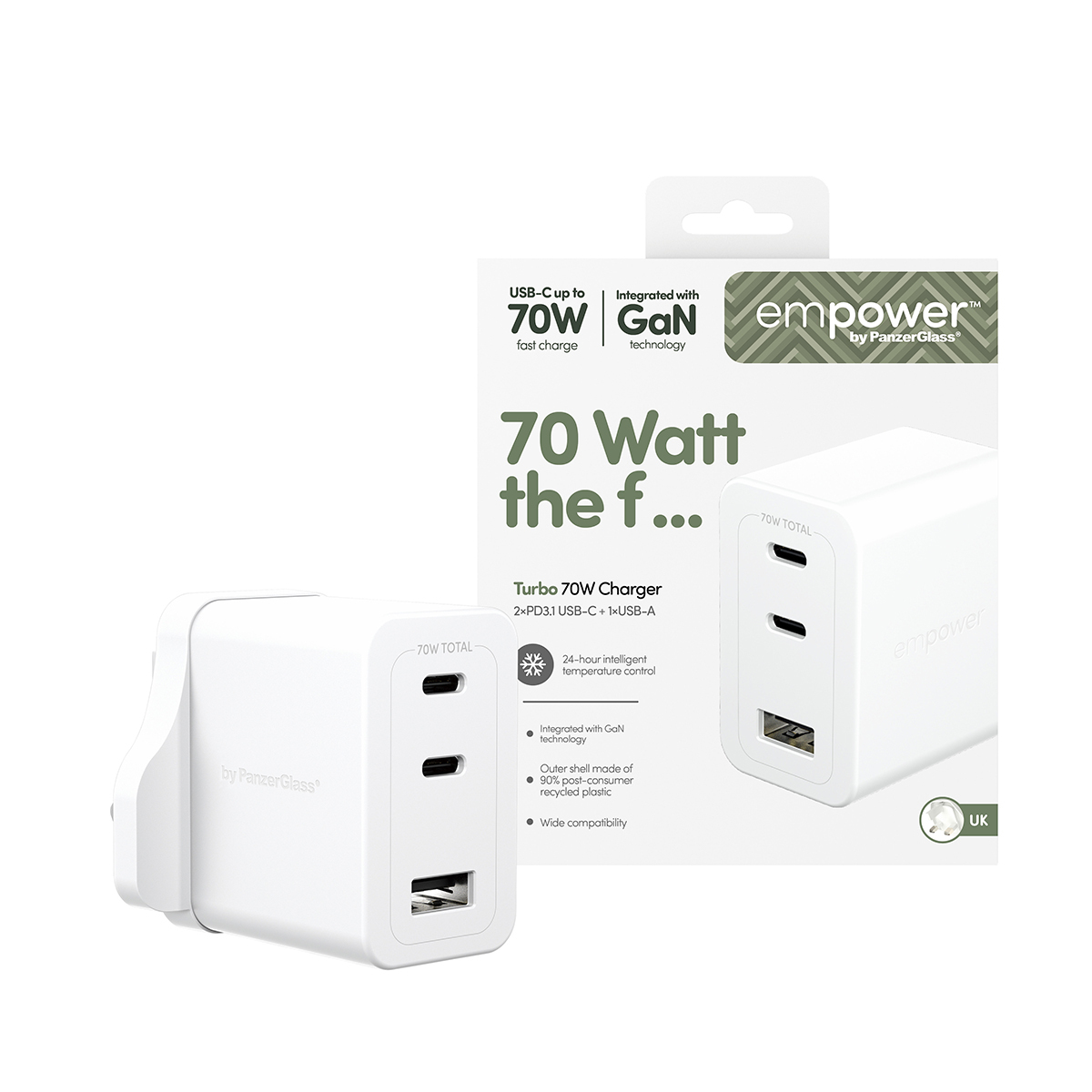 PanzerGlass empower™ by PanzerGlass® Turbo 70W Charger incl. 2 x USB-C + USB-A | UK Plug | Silver White – image 2