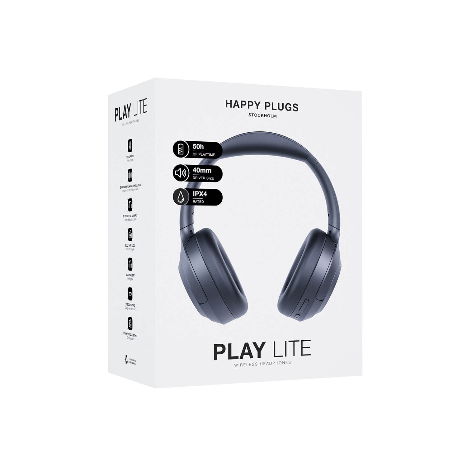 Happy Plugs Play Lite sankakuulokkeet FM-radiolla, musta – image 2