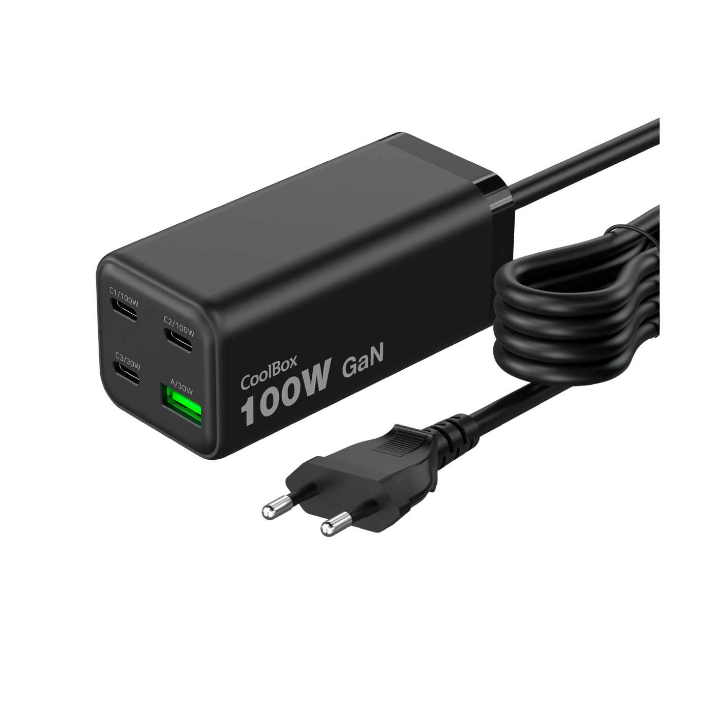 CARGADOR USB GAN COOLBOX CHARGEMASTER 4 PRO 100W 3XUSB-C 1XUSB-A PD QC4+ 100W NEGRO