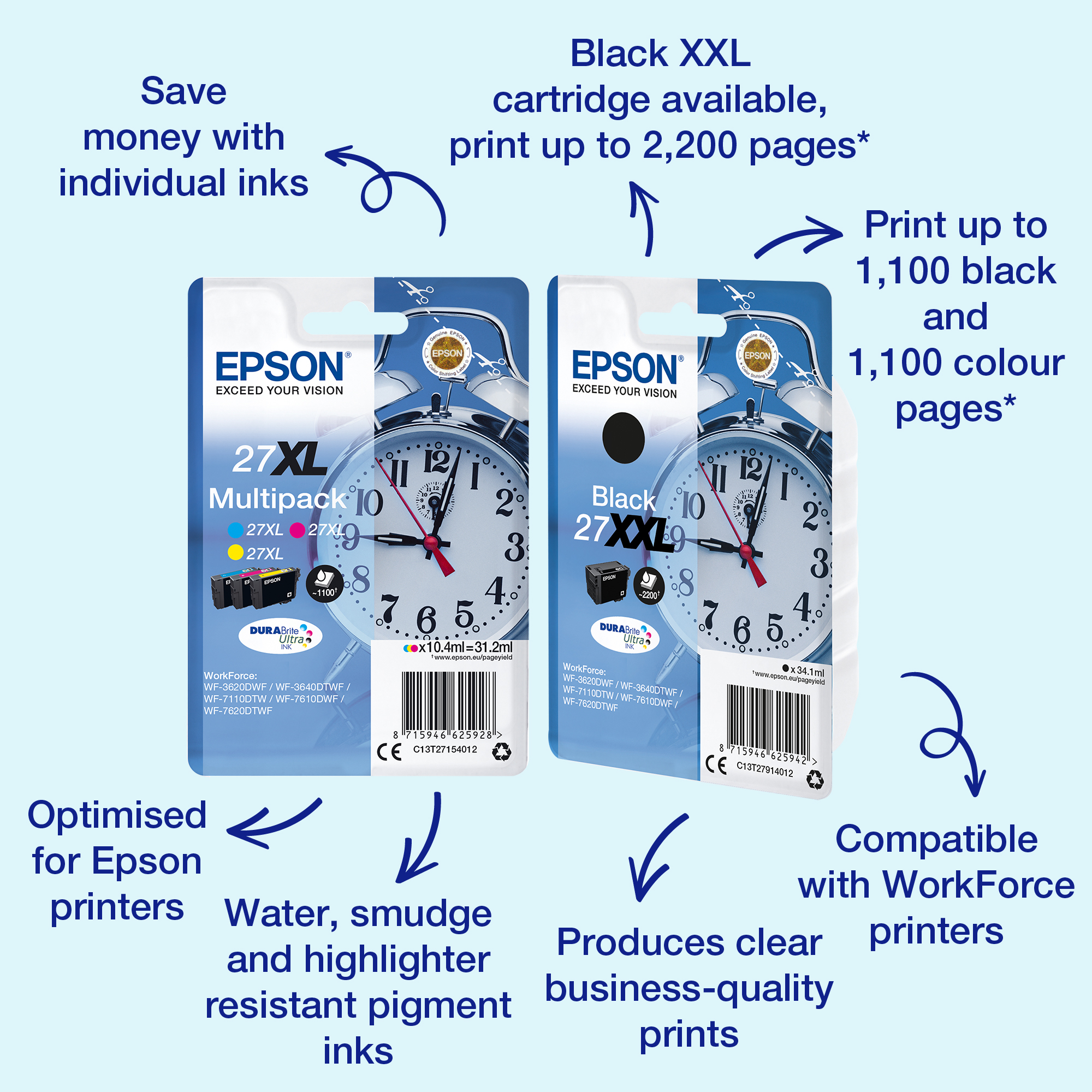 Epson 27 Alarm Clock High Yield Genuine, DuraBrite Ultra Ink Cartridge, Black, XL