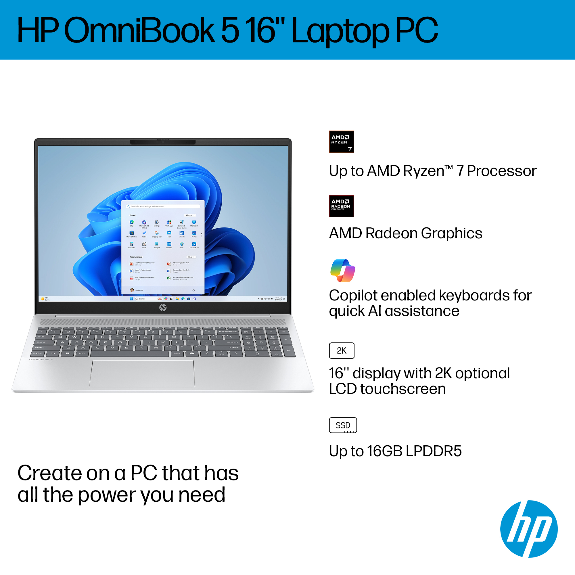 HP OmniBook 5 Laptop 16-bc1007nax AMD Ryzen™ 7 8840U 40.6 cm (16″) 2K 16 GB LPDDR5-SDRAM 1 TB SSD Wi-Fi 6 (802.11ax) Windows 11 Home AI PC Silver image 4