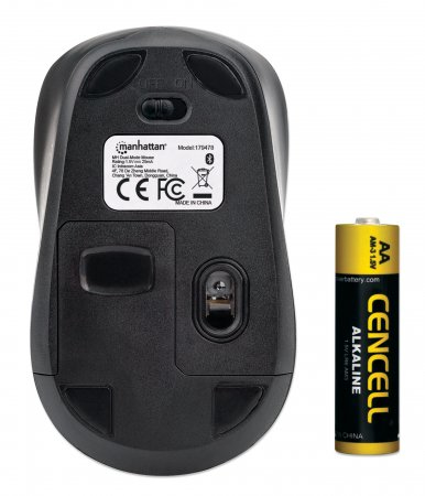 Manhattan Dual-Mode Mouse, Bluetooth 4.0 and 2.4 GHz Wireless, 800/1200/1600 dpi, Three Buttons With Scroll Wheel, Black, 