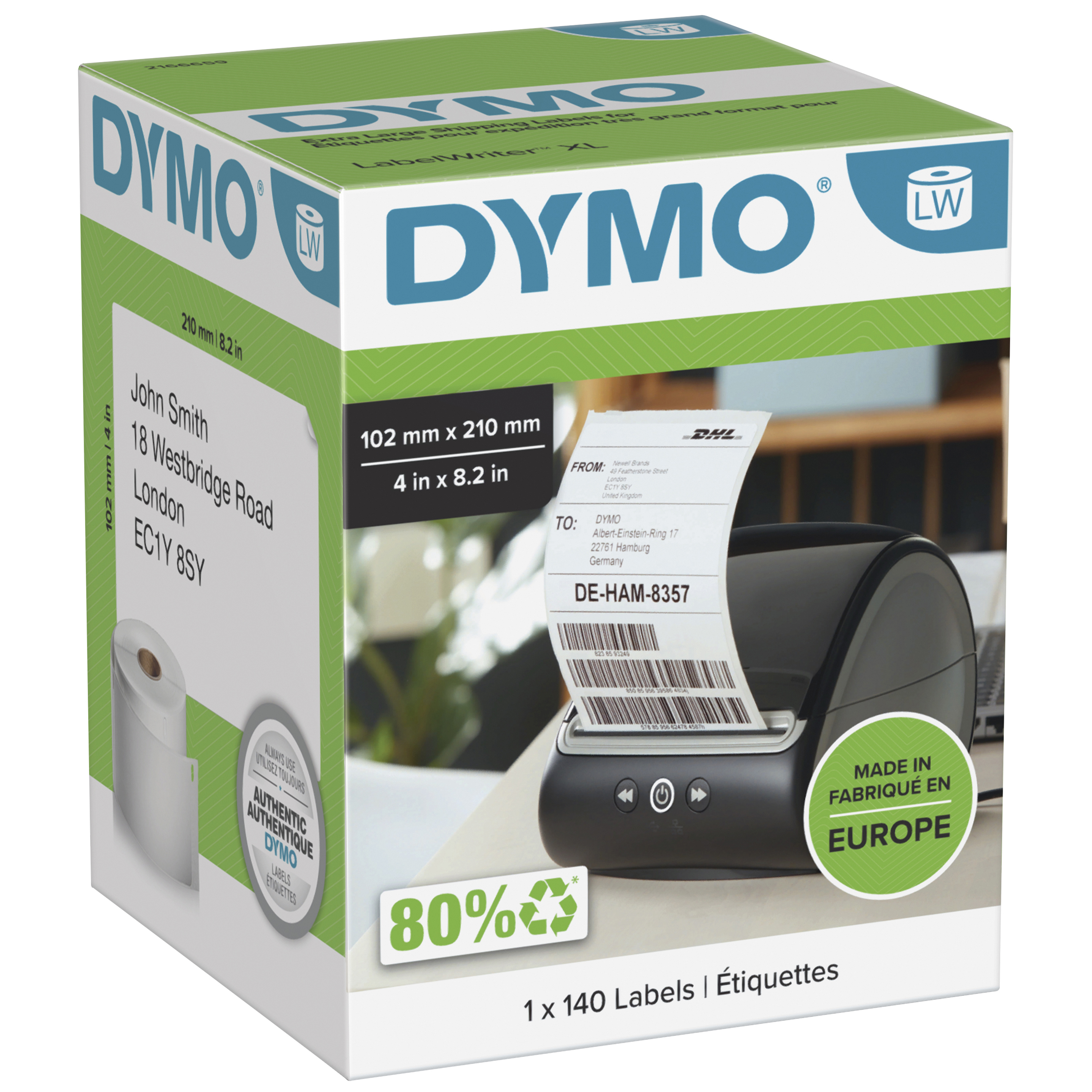 DYMO LW étiquettes authentiques d’expédition DHL pour étiqueteuses LabelWriter 5XL/4XL | 102 mm x 210 mm | rouleau de 140 | impression en noir sur fond blanc