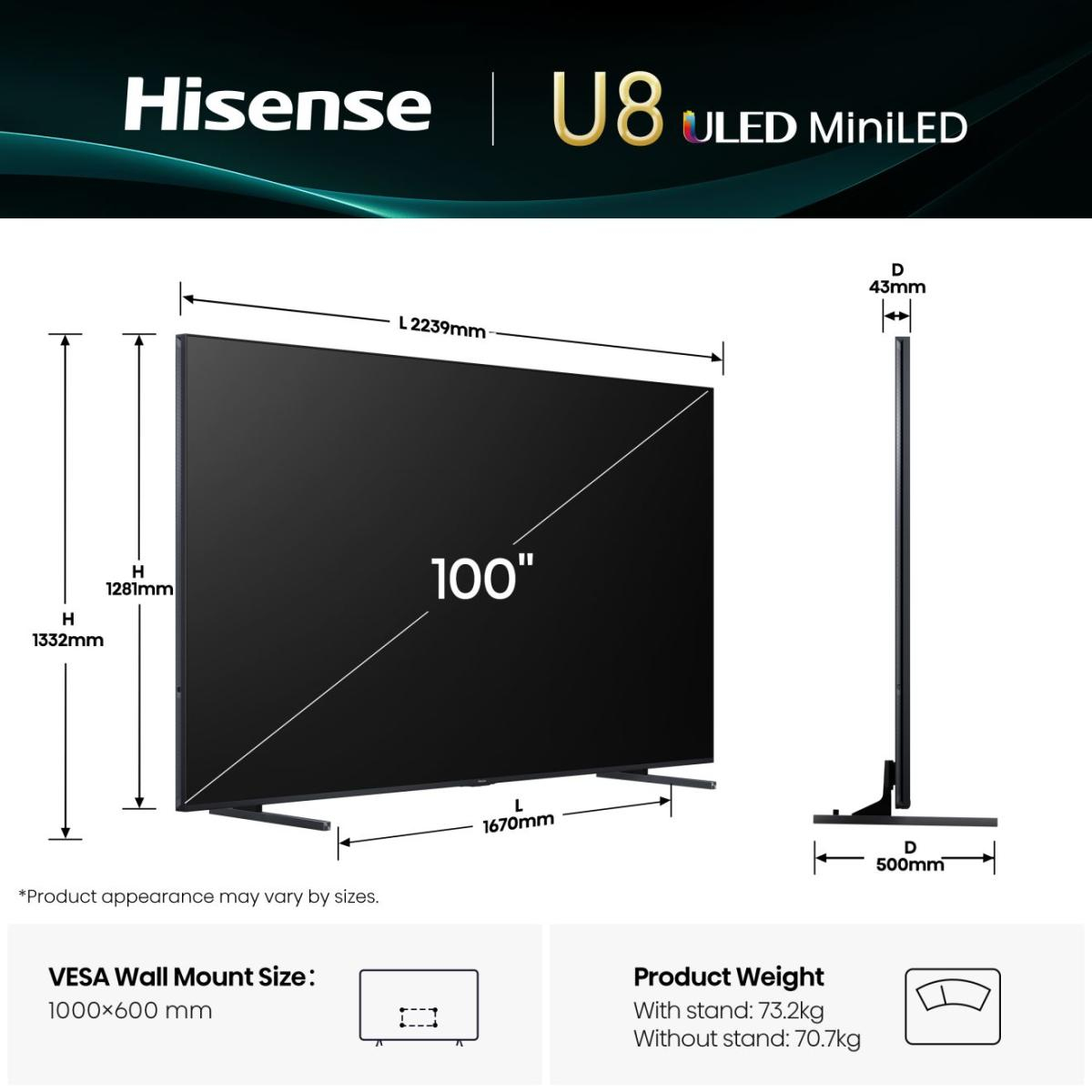 TV Hisense ULED 100U8Q 100 4K UltraHD 165Hz Smart TV VIDAA HDR10 Dolby Vision IMAX — photo 2