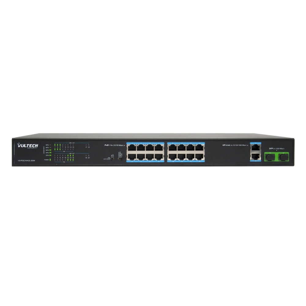 Vultech Security Switch PoE+ (Unmanaged) 16 porte 10/100 FE + 2 porte Uplink 10/100/1000 GE + 2 porte SFP 1000 Mbps – image 1