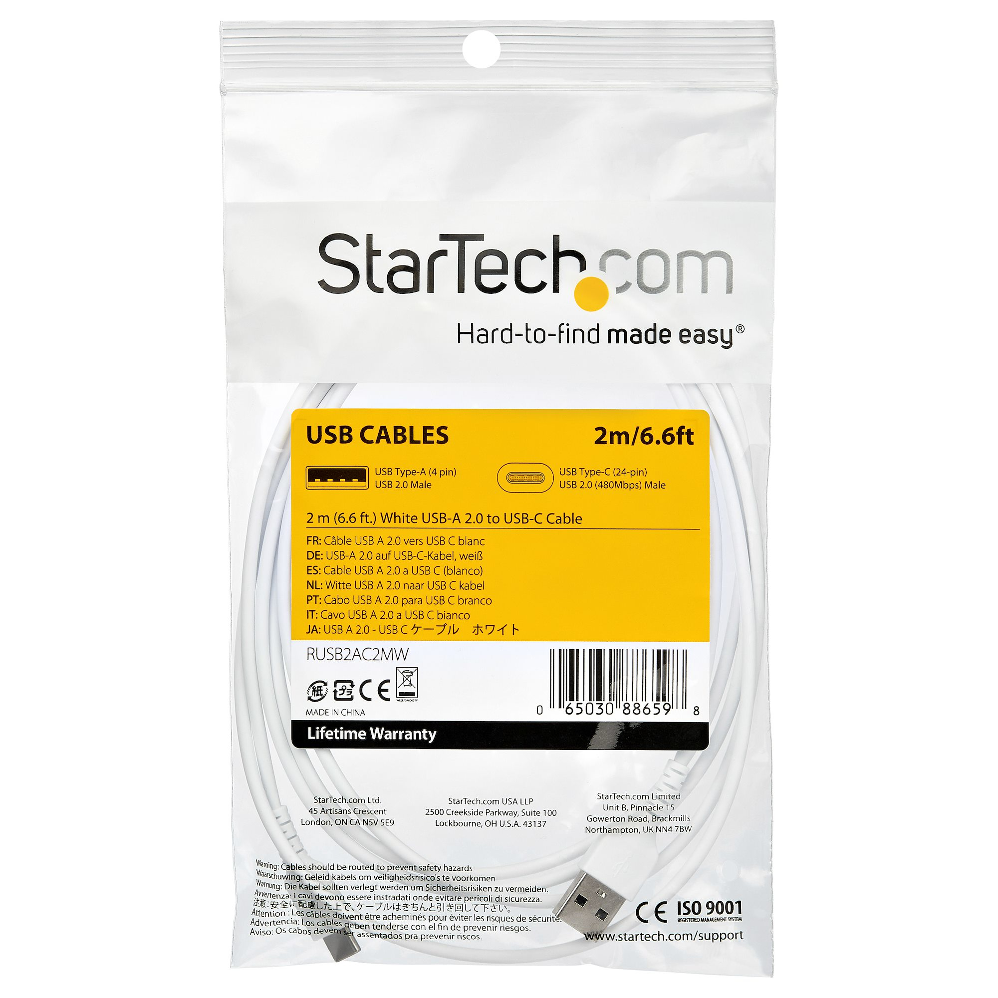 Resim StarTech.com RUSB2AC2MW 2m USB 2.0 A - C Kablo - Beyaz