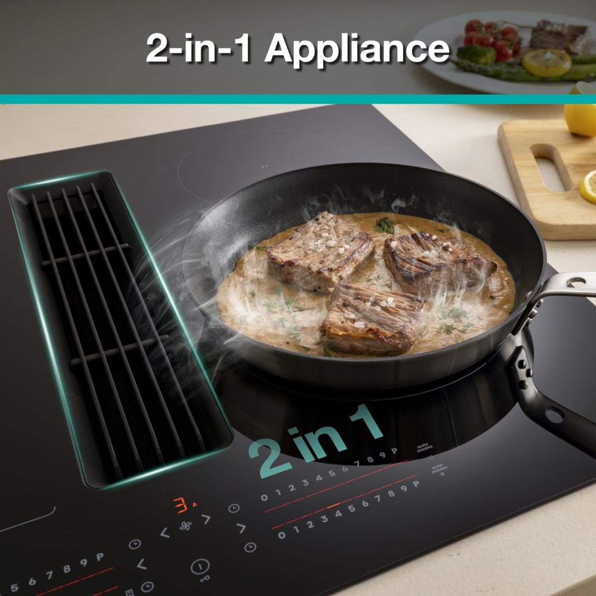 Gorenje 60 cm induktionshäll med integrerad fläkt kombinerar matlagning och ventilation i en platsbesparande lösning. Flexibla zoner anpassas efter olika kokkär – image 9