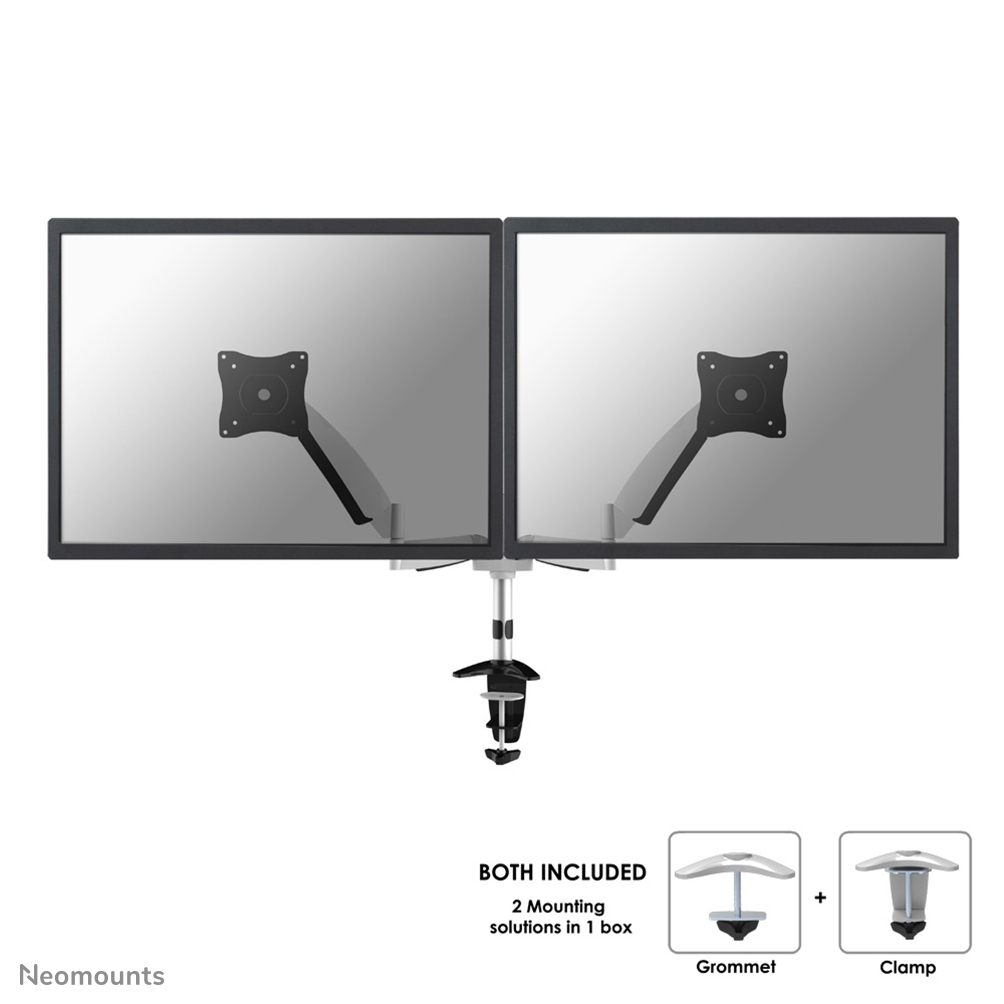 Neomounts FPMA-D950D - Mounting kit - full-motion - for 2 LCD displays - silver - screen size: 10"-27" - clamp mountable, grommet, desk-mountable
