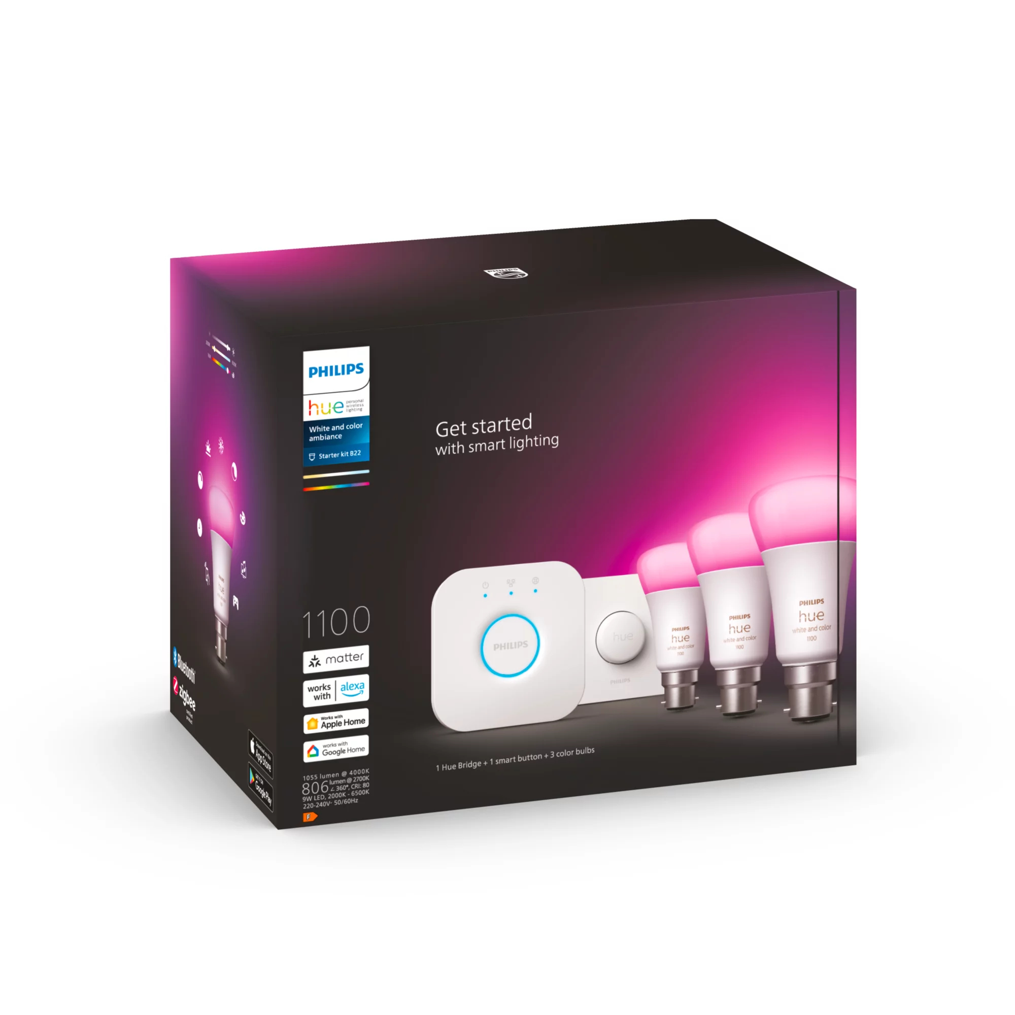 Philips by Signify Philips Hue White and colour ambience Starter kit: 3 B22 smart bulbs (1100) + smart button – image 3