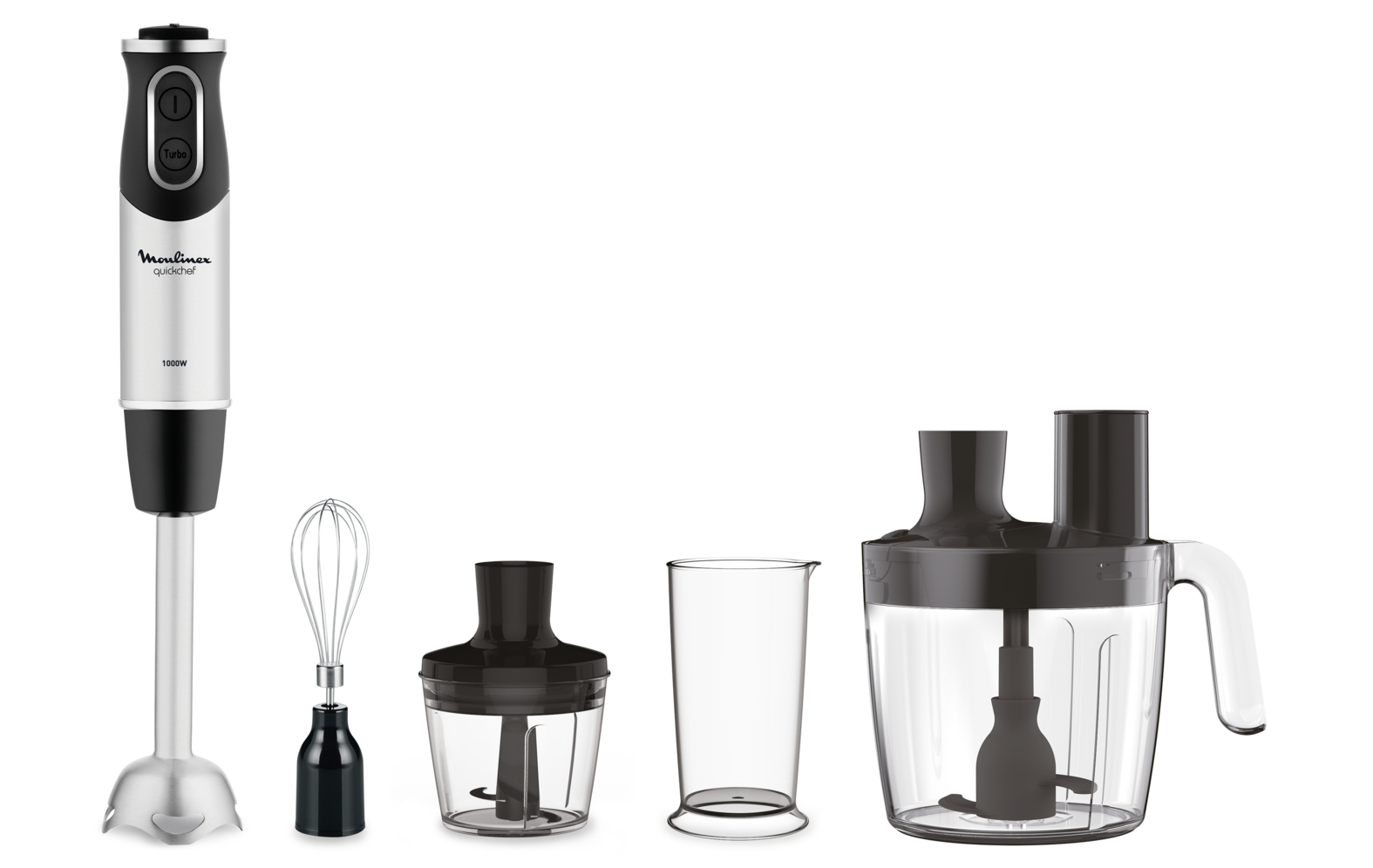 Batidora de mano - Moulinex DD65J8 QuickChef, 4 en 1, 1000W, Tecnología Powelix, 20 Velocidades, Función Turbo, Accesorios Incluidos, Acero Inoxidable