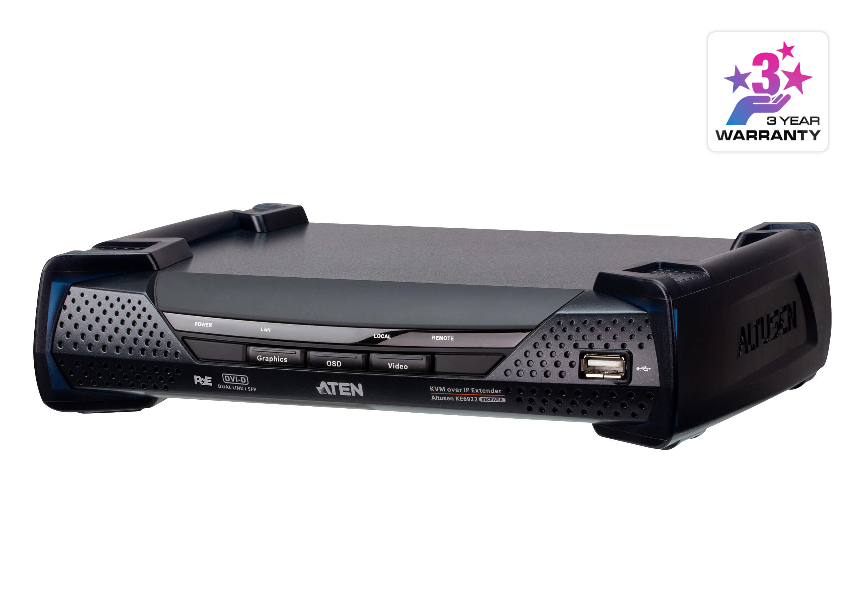 ATEN 2K DVI-D Dual-Link KVM over IP-mottagare med dubbel SFP & PoE