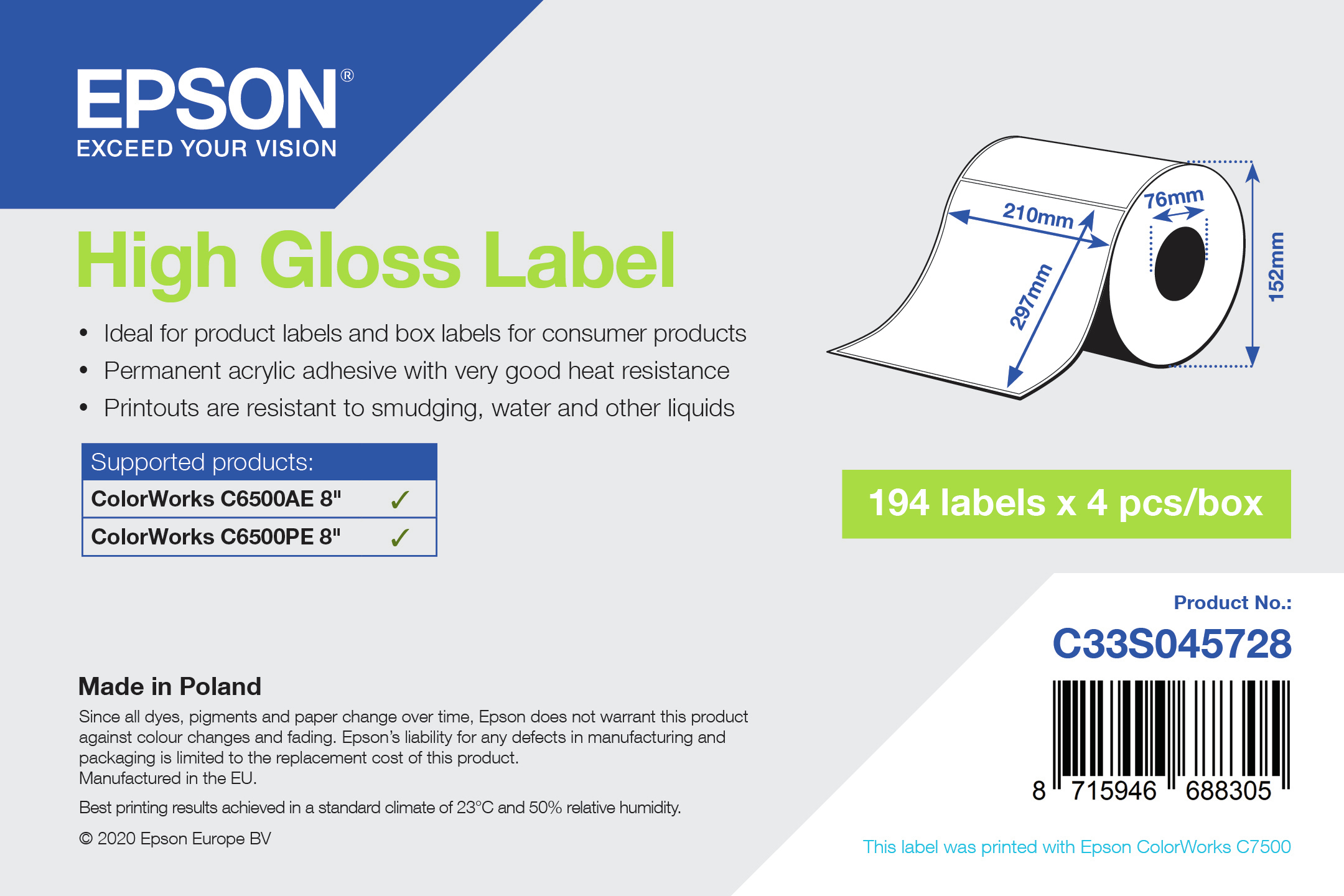 Epson High Gloss Label - Die-Cut Roll: 210mm x 297mm, 194 labels