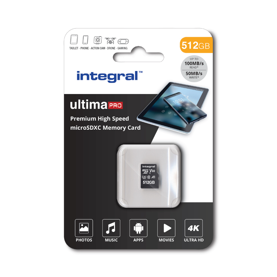 Integral 512GB MICRO SDXC UHS-1 U3 CL10 V30 A1 UP TO 100MBS READ 50MBS WRITE