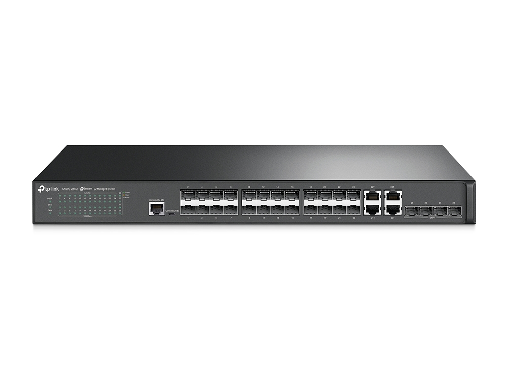 TP-Link JetStream T2600G-28SQ - Switch - L2+ - gestito - 24 x SFP + 4 x combinazione Gigabit Ethernet/Gigabit SFP + 4 x 10 Gigabit SFP+ - desktop, montabile su rack