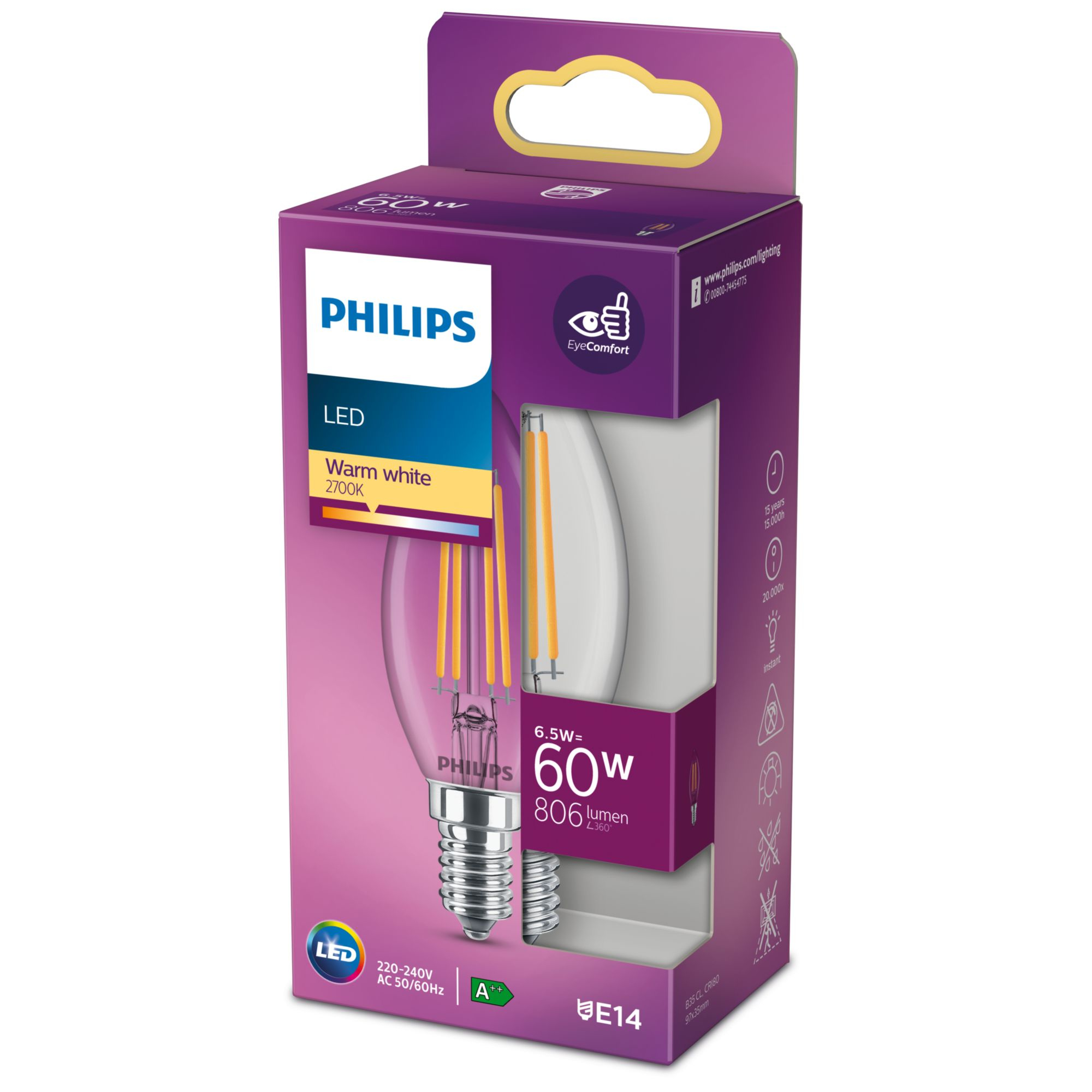 Filament-Kerzenlampe, B35 E14, transparent, 60 W