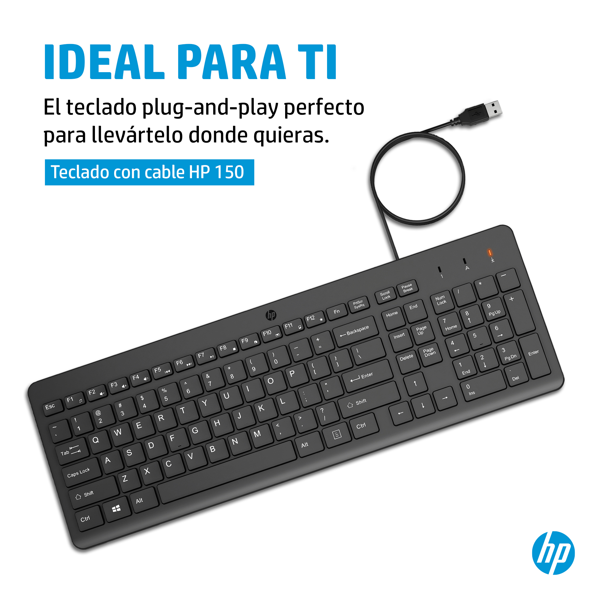HP teclado con cable 150, diseño negro compacto y elegante