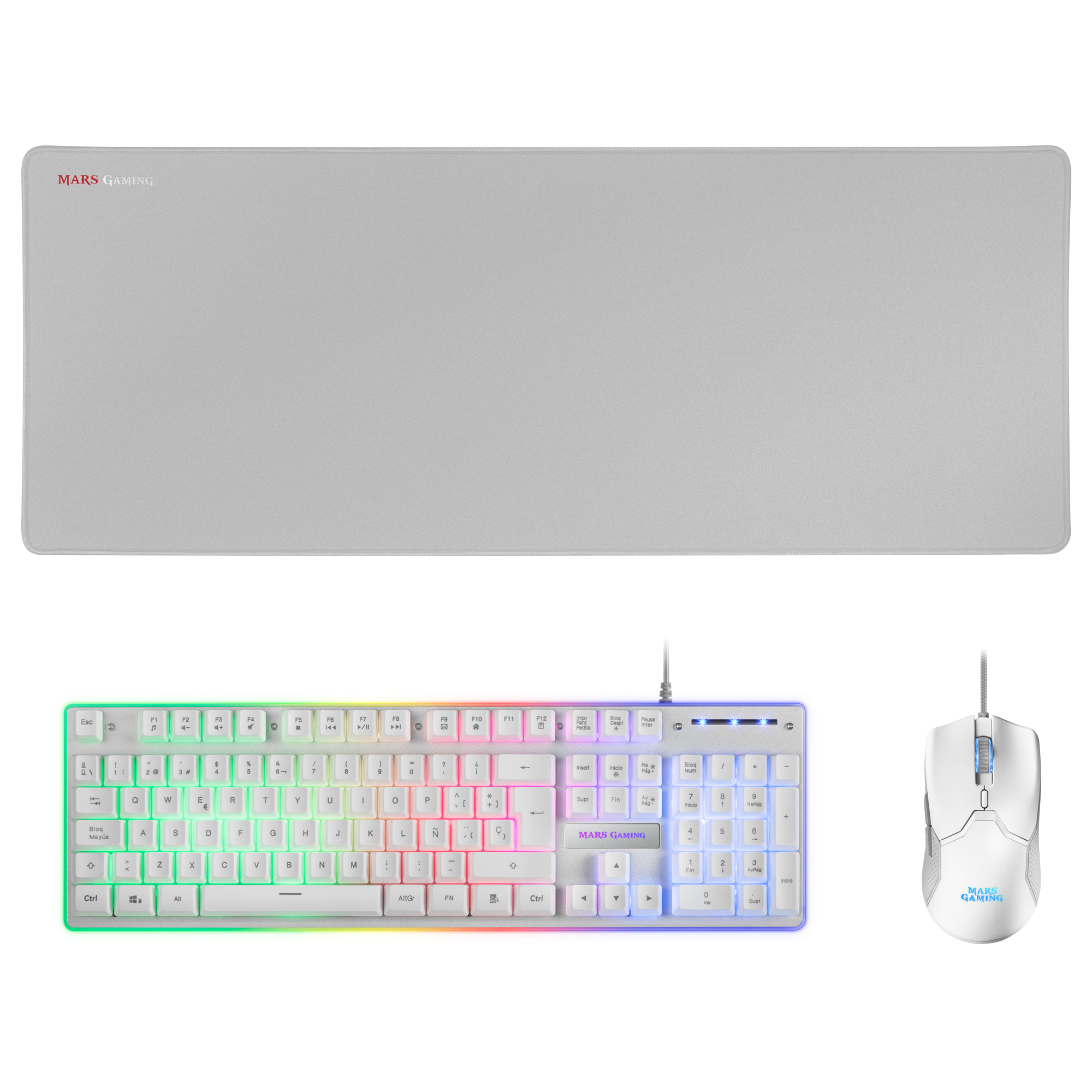 Mars Gaming MCPXWES Combo Keyboard H-Mech FRGB Ultralight Mouse 10000DPI and XXL Mousepad White Spanish Language