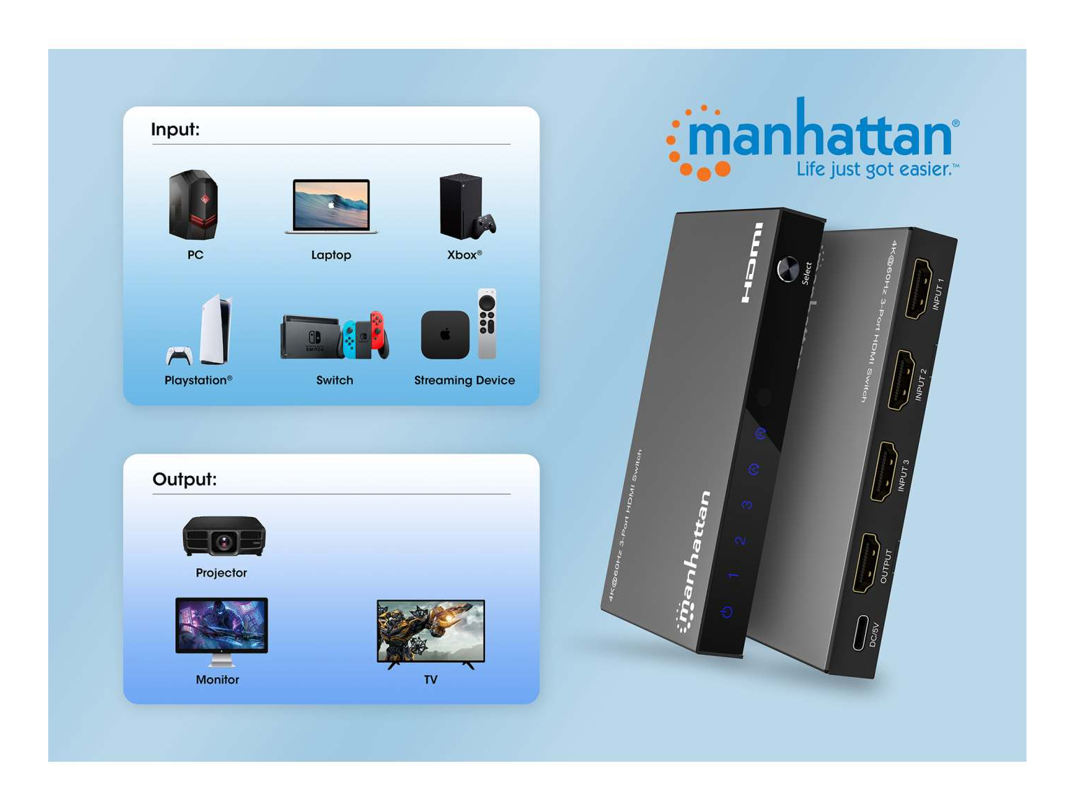 Manhattan 4K@60Hz 3-Port HDMI Switch, Switches Between Three HDMI Inputs on One HDMI Output (3x1) – image 9