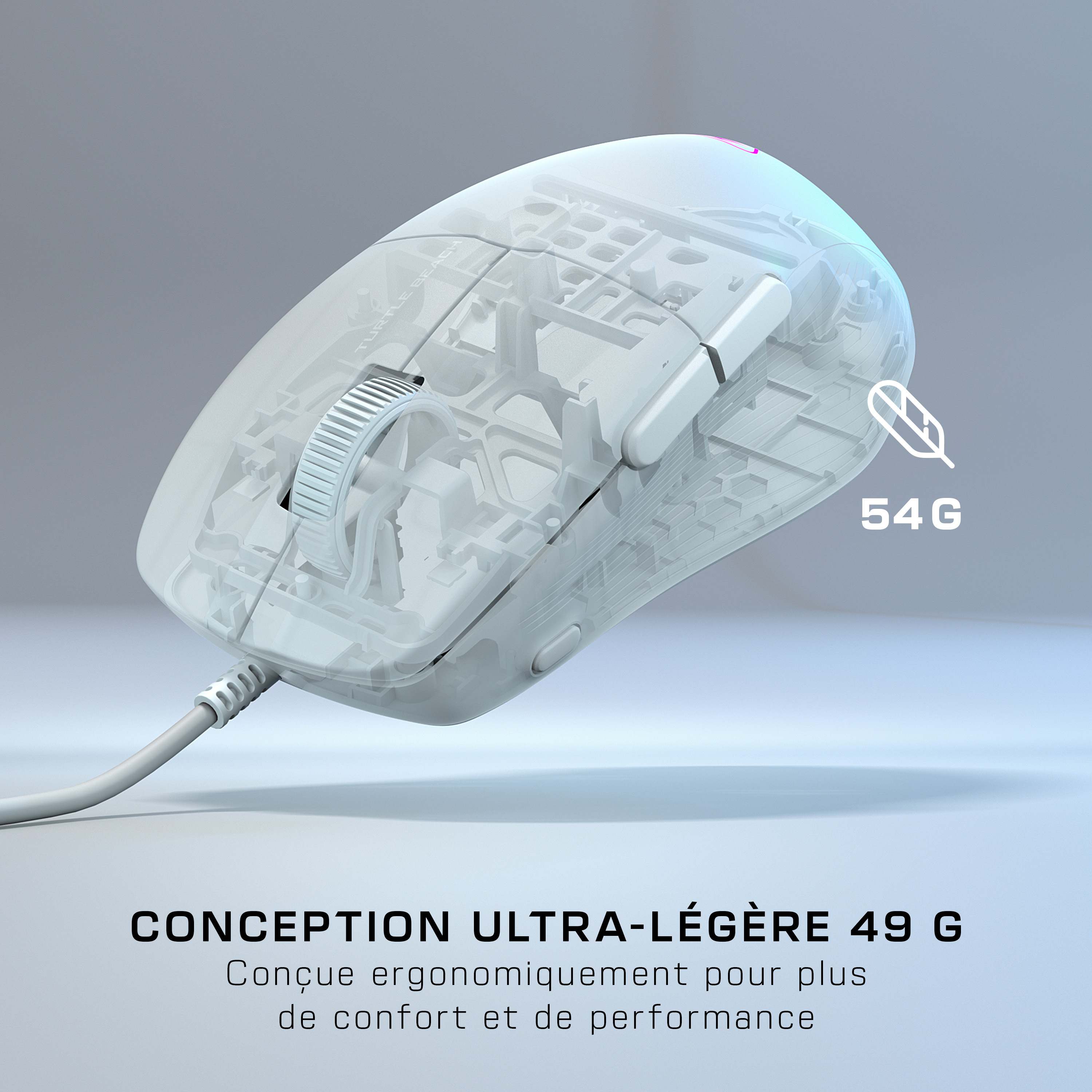 Turtle Beach Pure SEL - Souris gaming ergonomique ultralégère RGB, capteur optique DPI 8K, touches mécaniques, système de prétension, patins en PTFE pur, éclairage RGB - Blanc