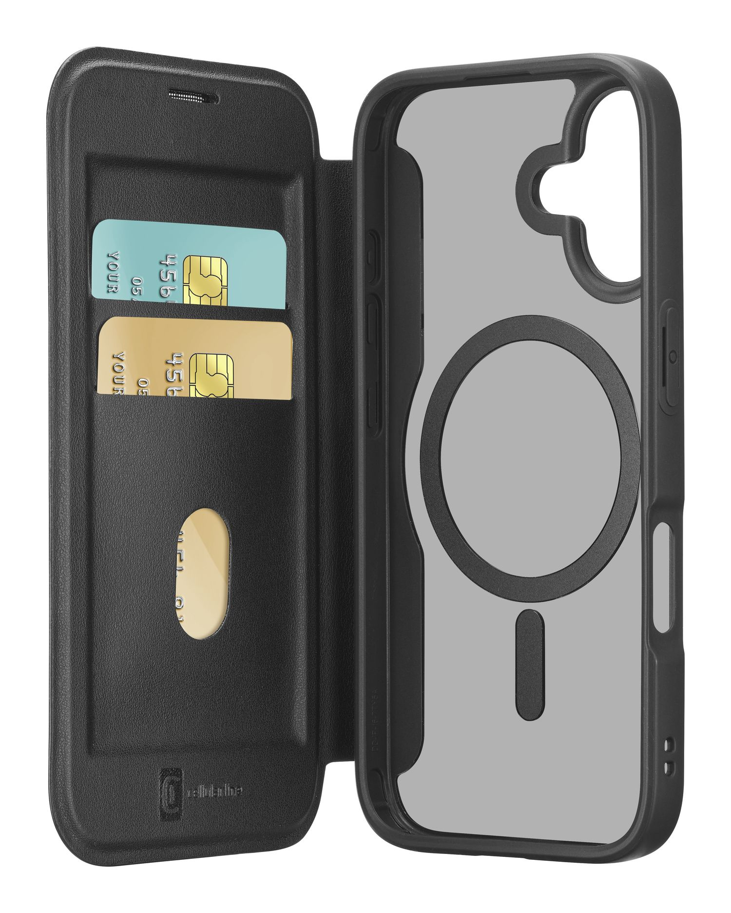 Funda móvil - Cellularline DAILY MAG, Para iPhone 17, Imitación piel y Cierre magnético, Compatible con Magsafe®, Con tapa tarjetero, Negro