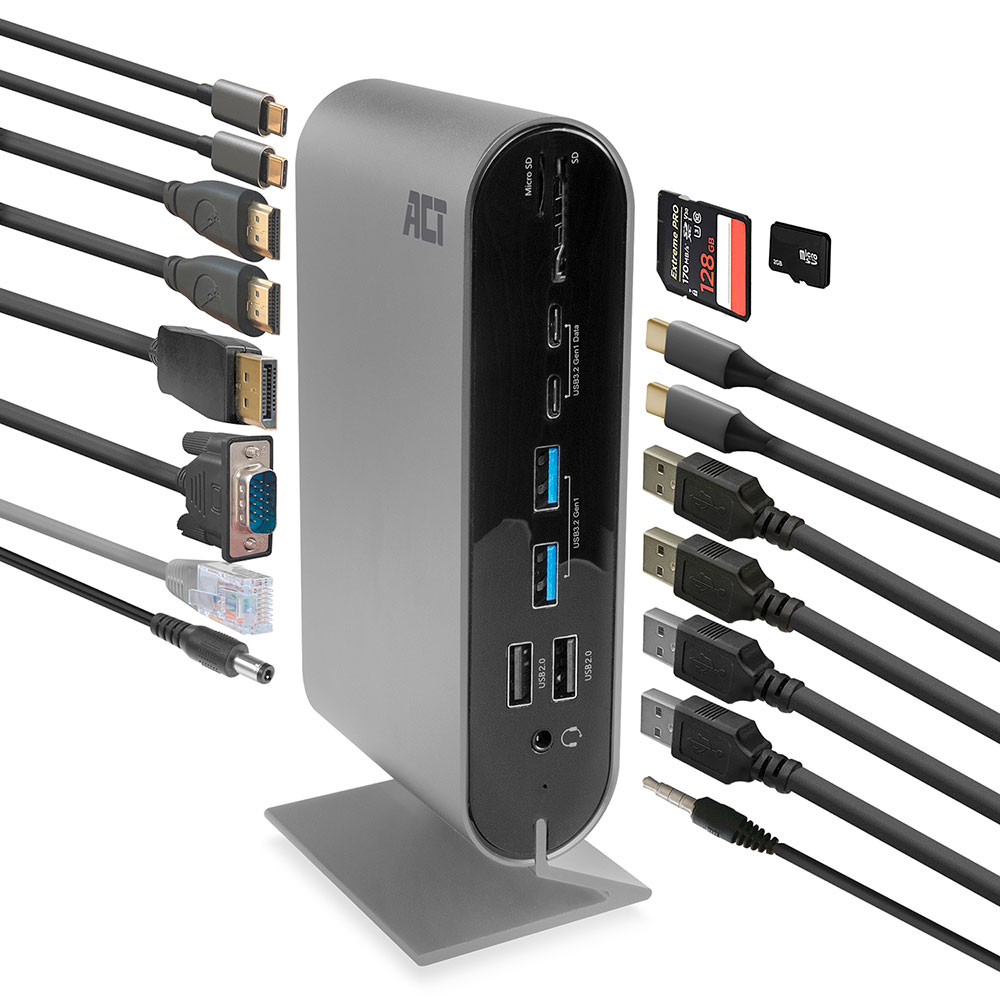 ACT AC7045 USB-C Docking station 2 monitors, HDMI, DisplayPort, VGA with USB hub, ethernet, cardreader and audio
