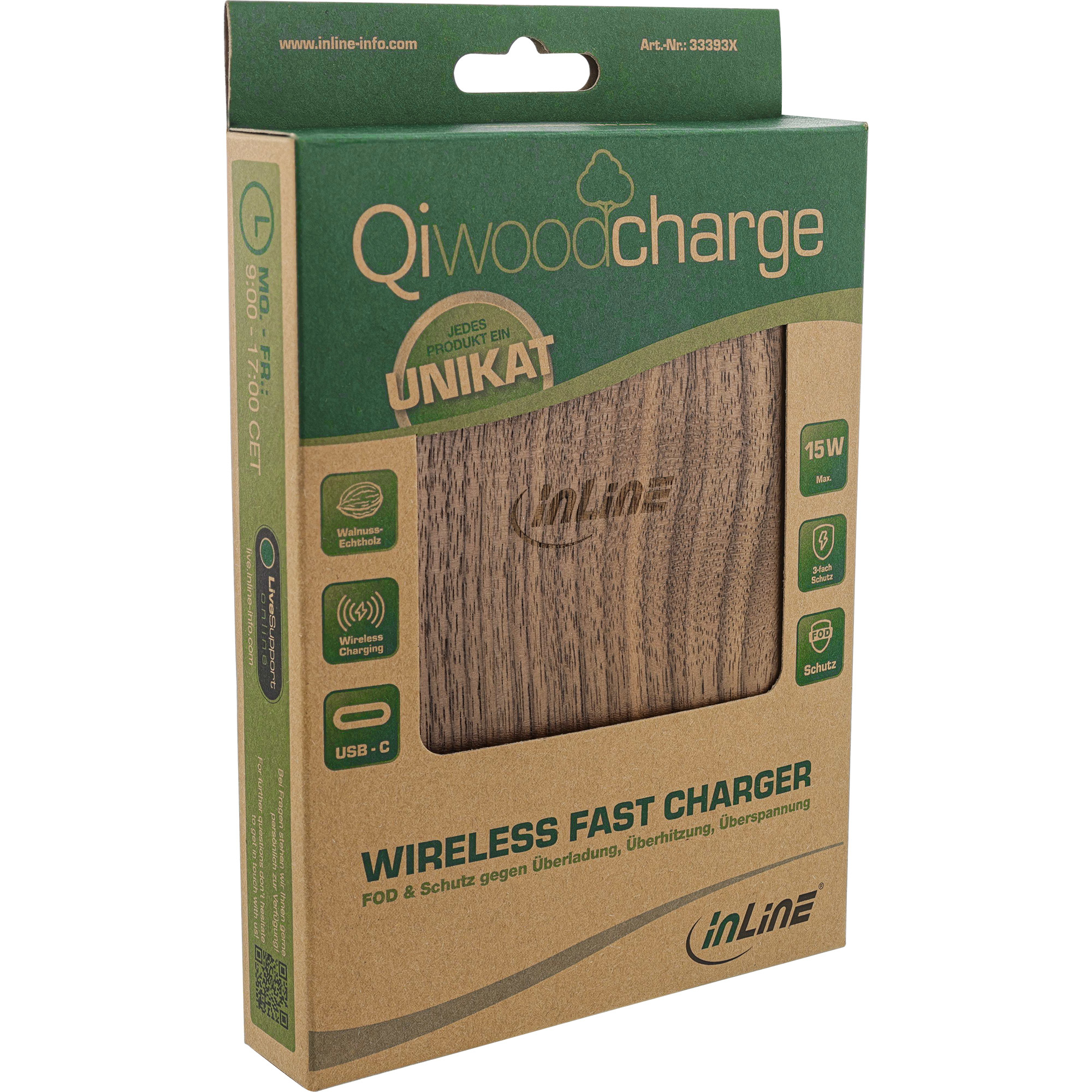 InLine Qi woodcharge, wireless fast charger, 5/7,5/10W/15W, USB-C – image 3