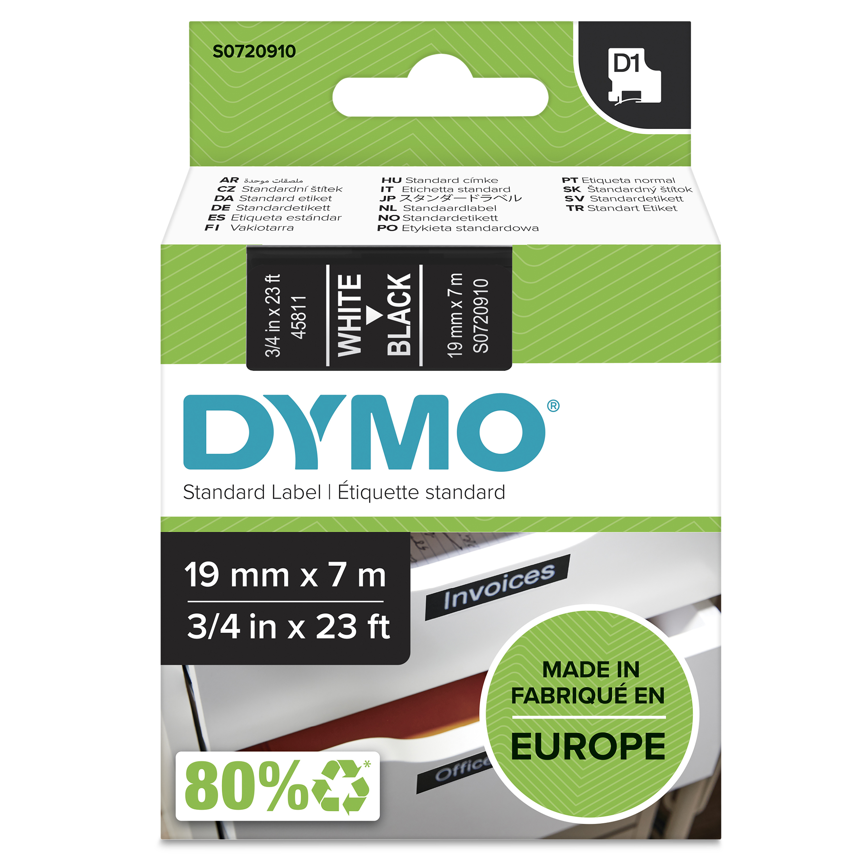 DYMO D1 - vakiopolyesteritarrat - Valkoinen mustalla -19mm x 7m